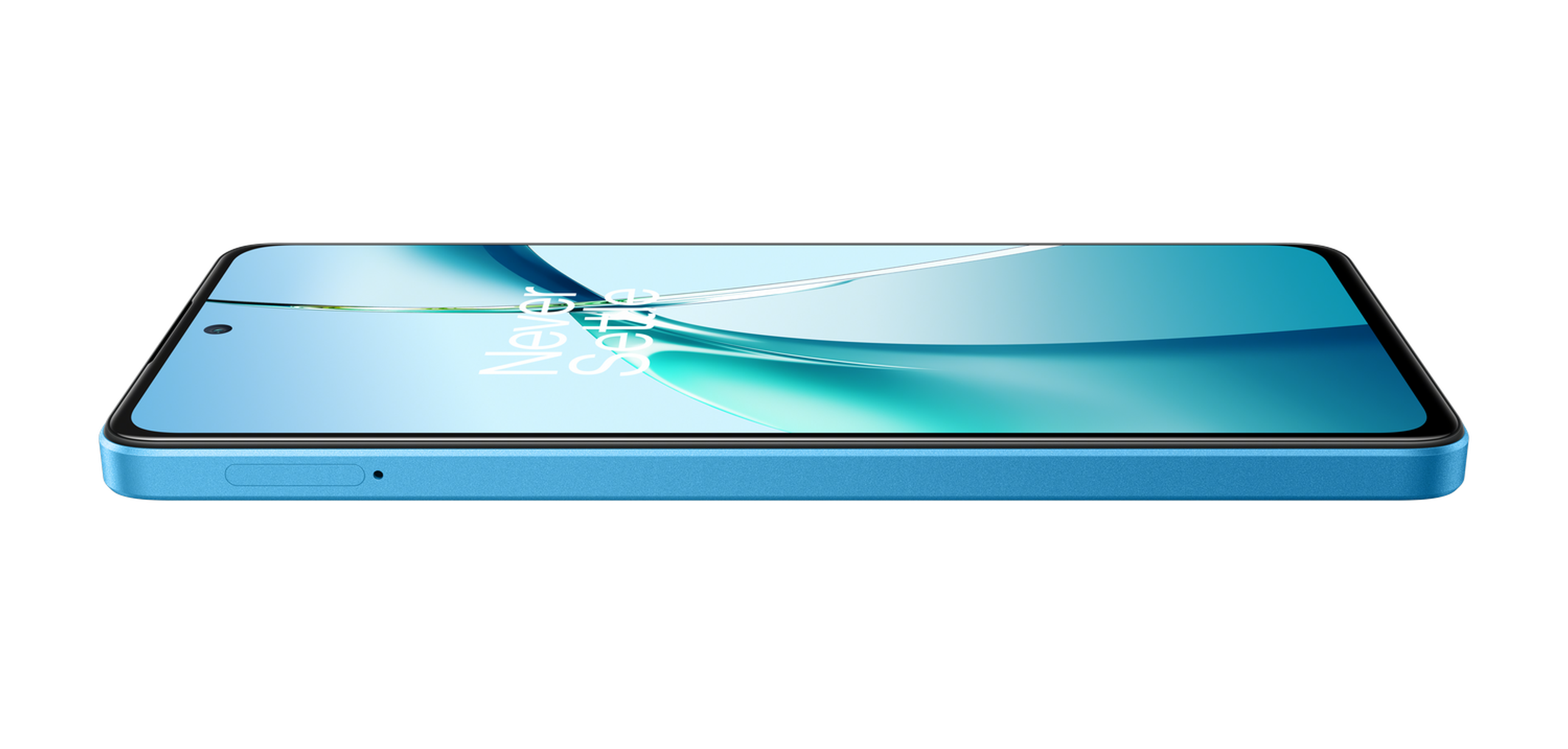 Smartphone bleu, vue latérale, cadre noir, fond noir.