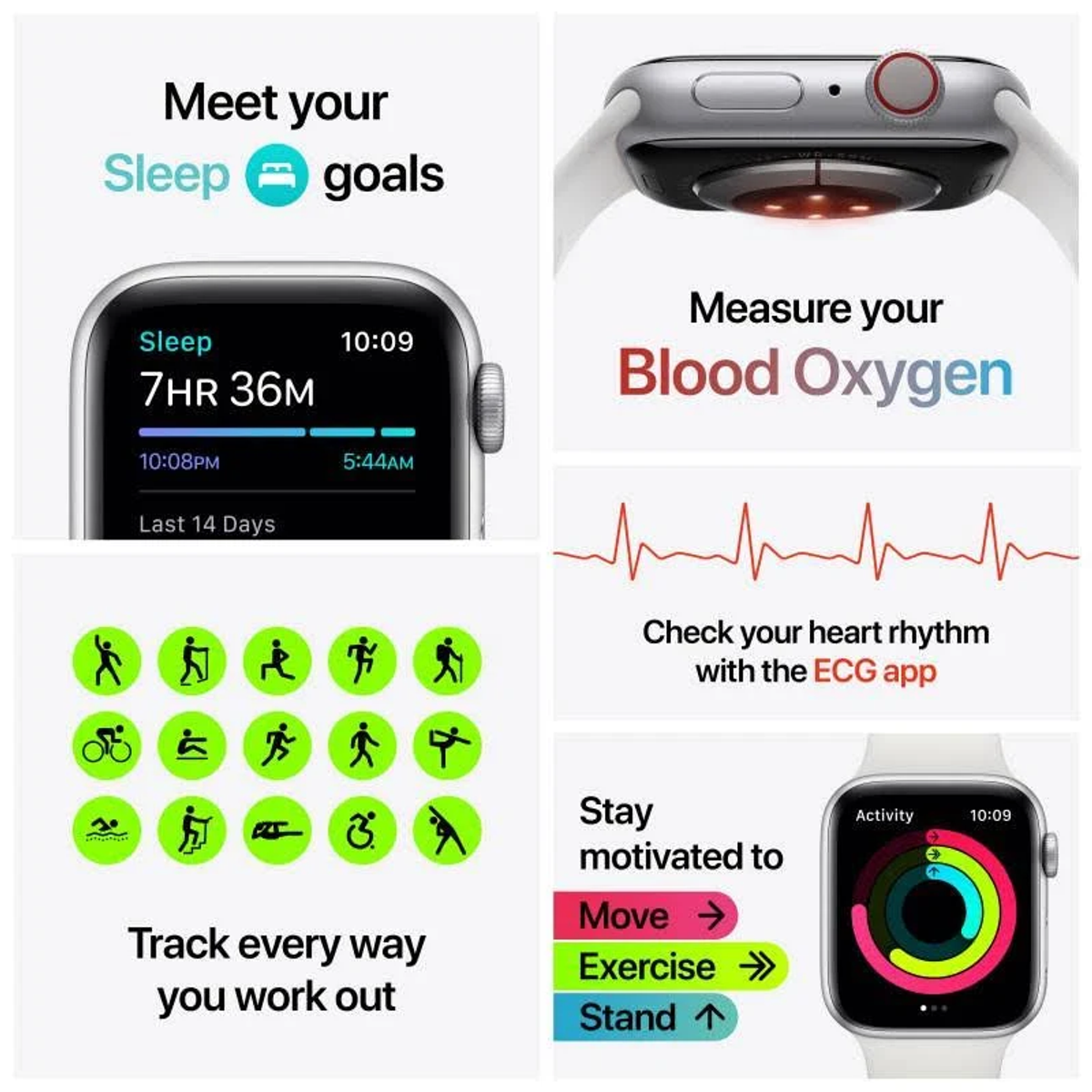 Una infografía sobre las funciones del Apple Watch: seguimiento del sueño, oxígeno en sangre, ECG y seguimiento del ejercicio.