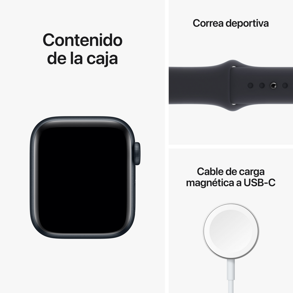 Apple Watch con correa y una imagen del contenido de la caja: correa y cargador.