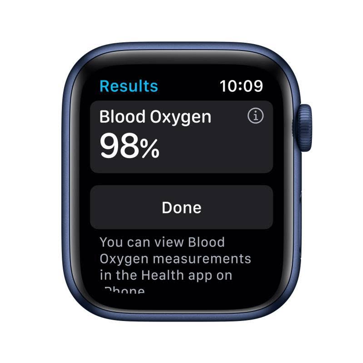 Pantalla del Apple Watch que muestra el oxígeno en sangre al 98%. Texto: Oxígeno en sangre, 98%.