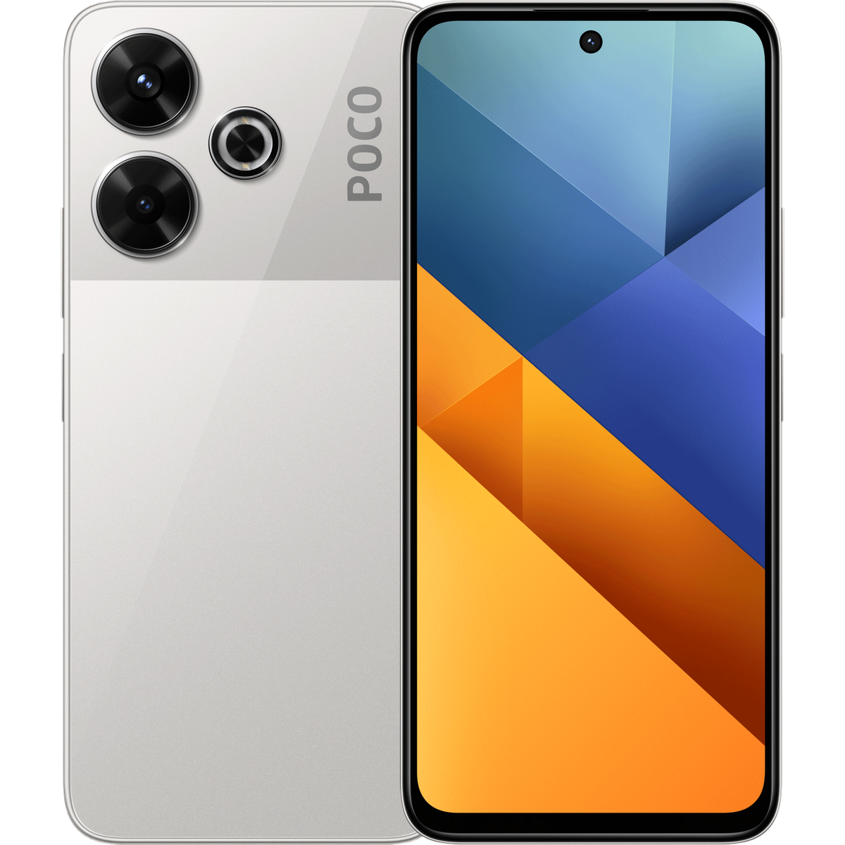 Biały smartfon z potrójnym aparatem. Ekran pokazuje niebieski i pomarańczowy abstrakcyjny wzór.