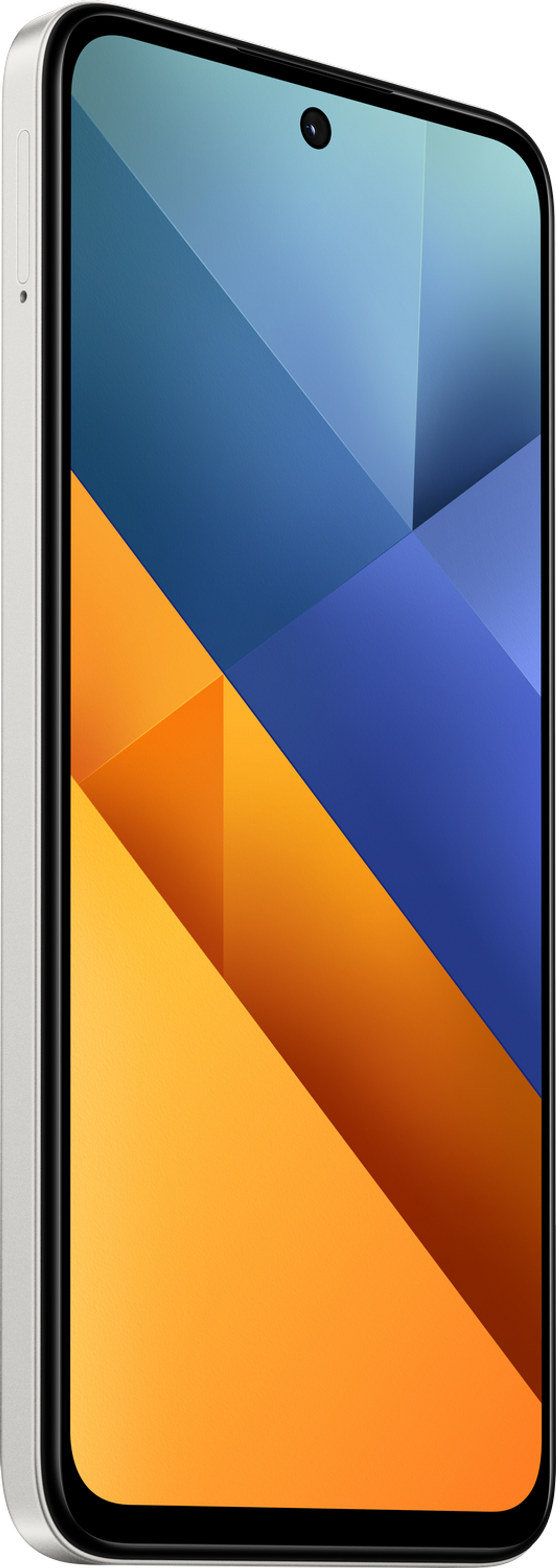 Biały telefon pod kątem, z ekranem wyświetlającym abstrakcyjne pomarańczowe, niebieskie i żółte kształty.