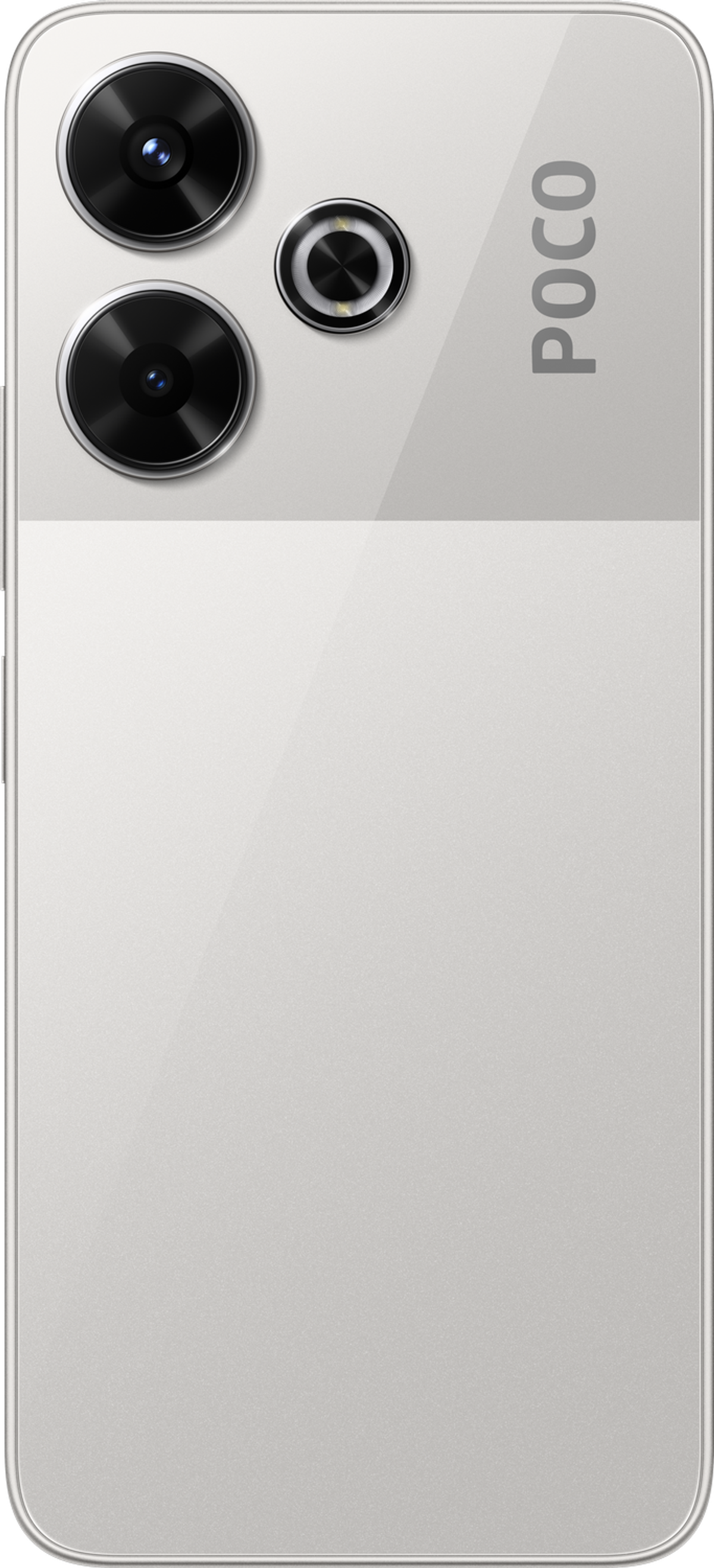 Biały telefon Poco na białym tle, z trzema aparatami i logo Poco.