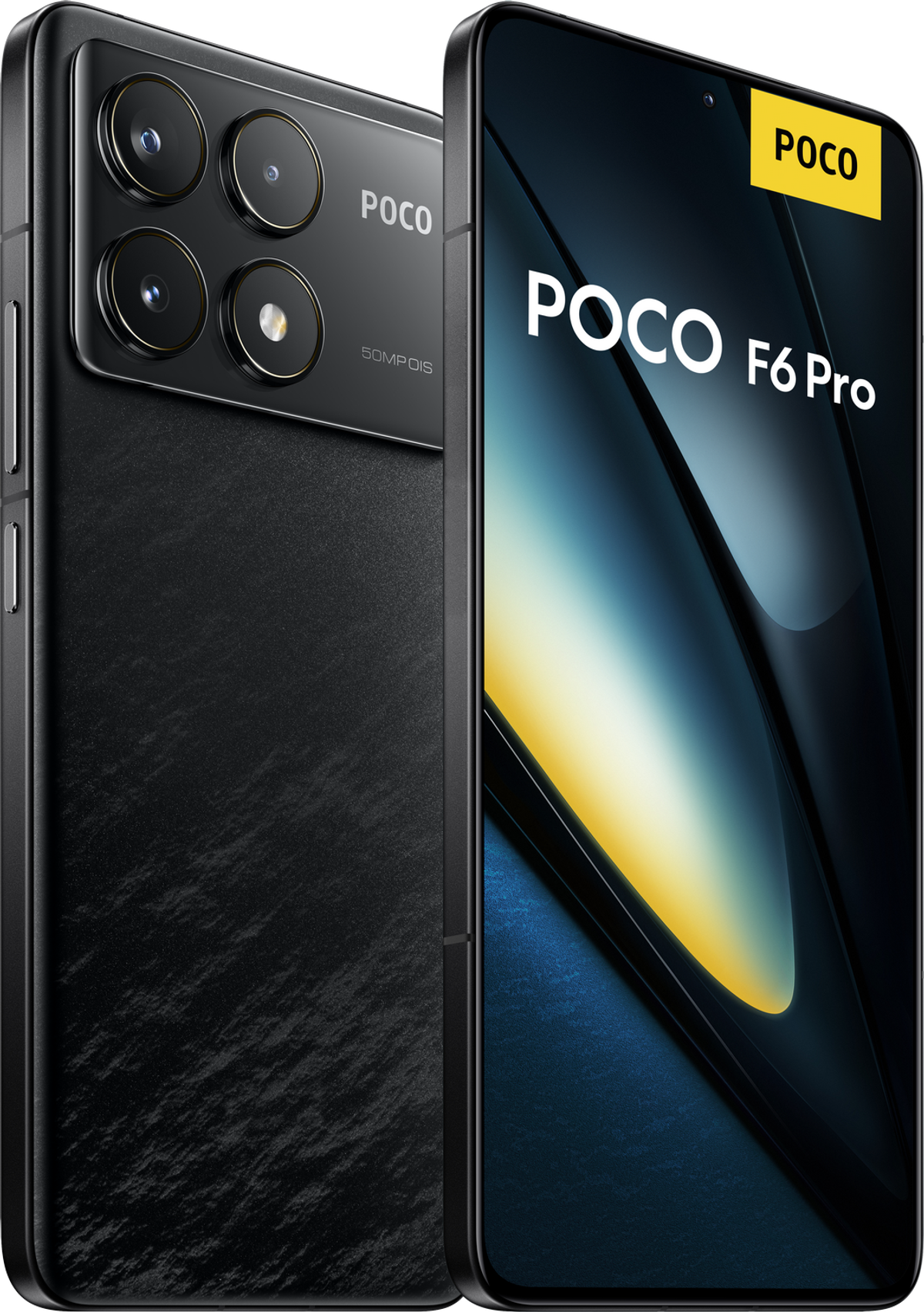 Czarny smartfon Poco F6 Pro. Telefon wyświetla Poco F6 Pro na ekranie i ma cztery aparaty.