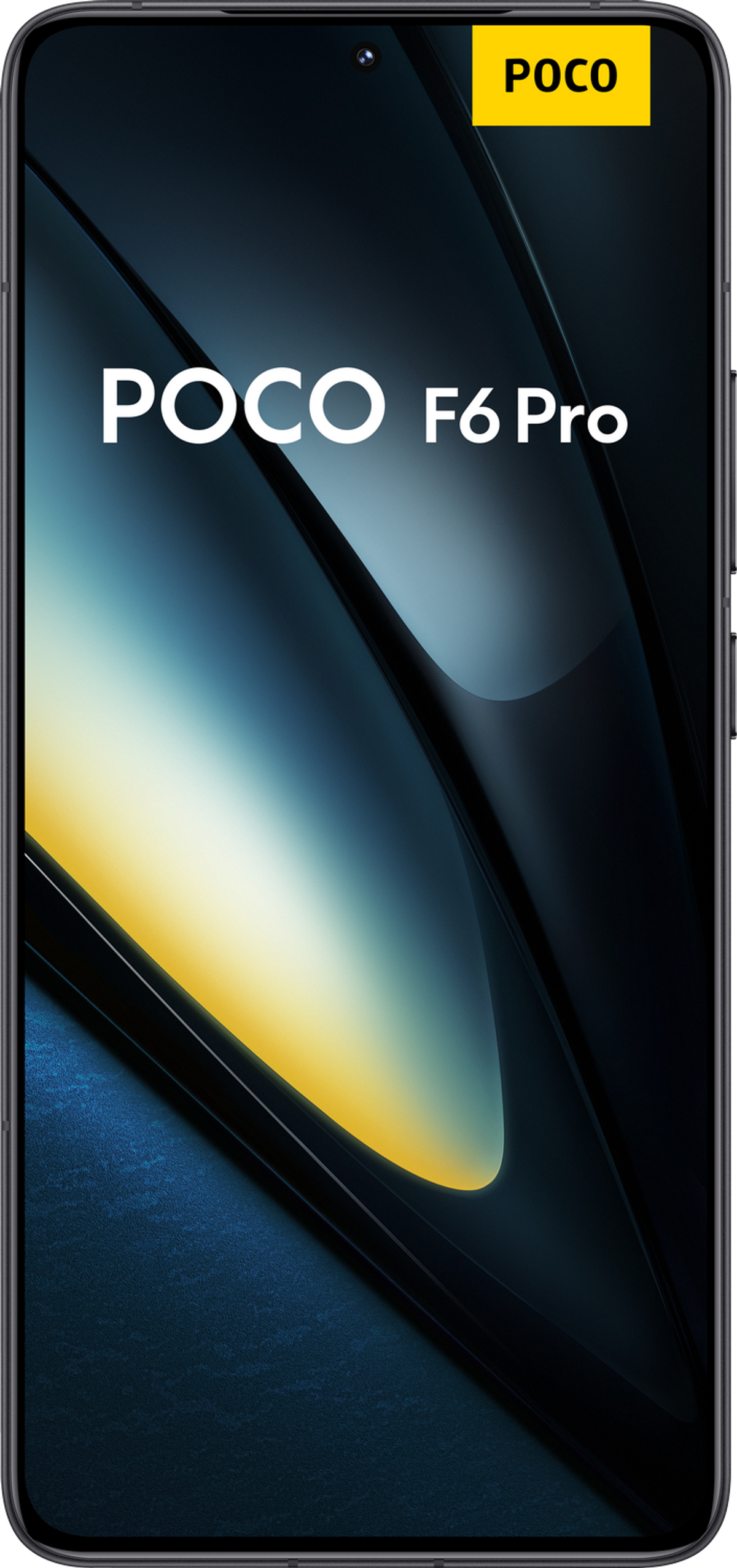 Smartfon Poco F6 Pro na białym tle. Telefon wyświetla logo Poco.