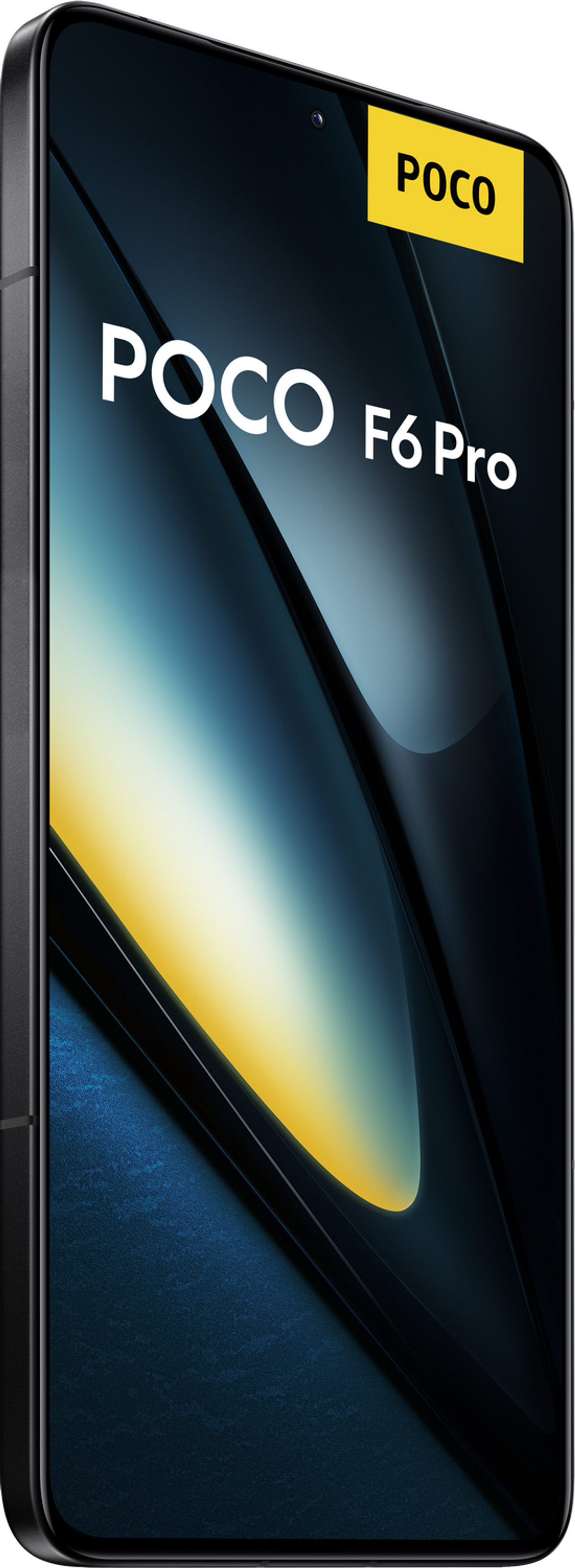 Smartfon POCO F6 Pro. Czarny telefon z żółtą naklejką POCO na górze.