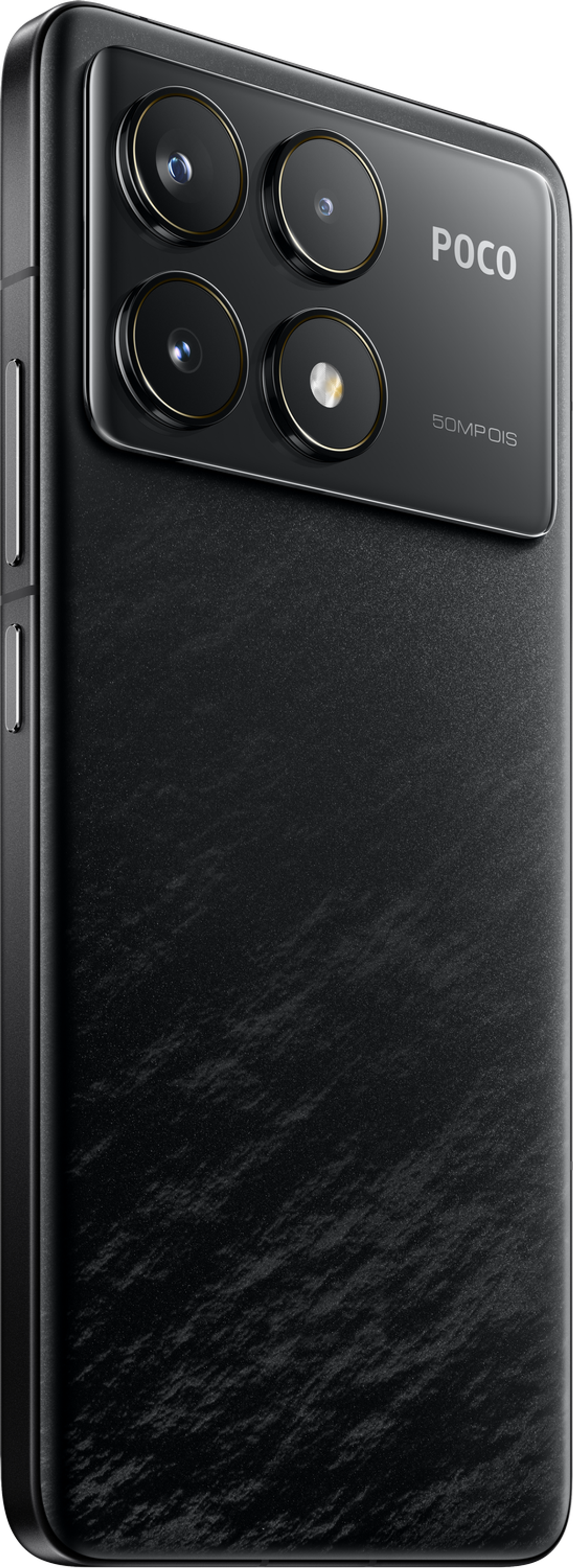 Czarny telefon z czterema tylnymi aparatami i teksturowanym tyłem, widoczne logo POCO.