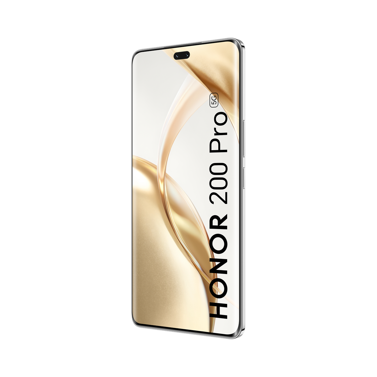 Honor 200 Pro telefoon, goudkleurig op zwarte achtergrond, met tekst.