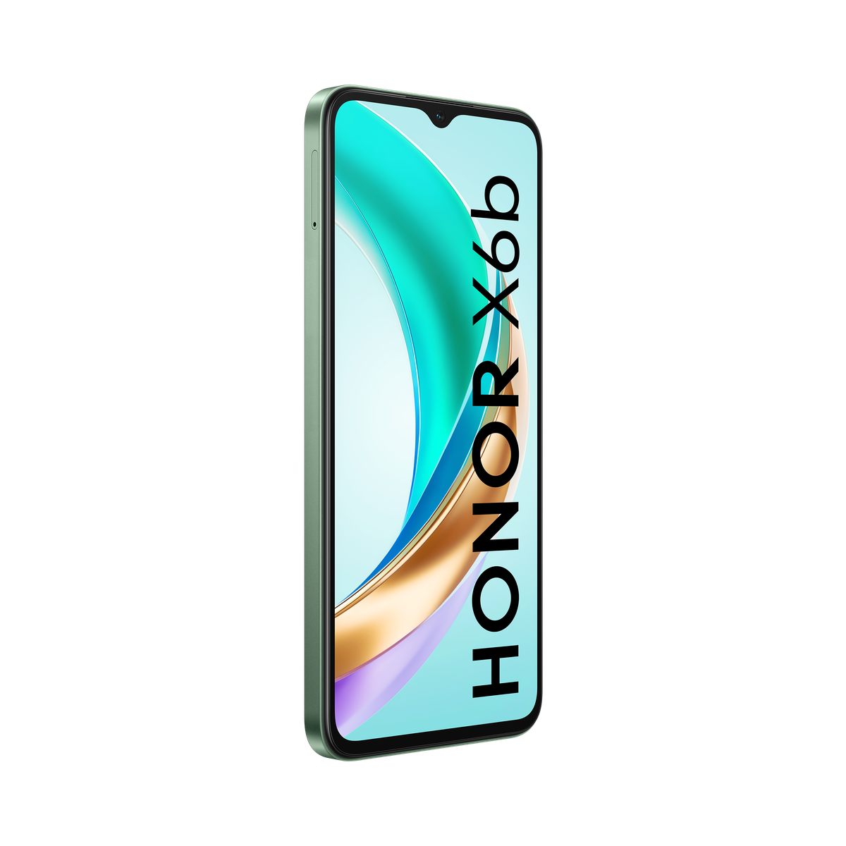 Ein Smartphone mit einem türkisblauen Bildschirm. Der Text 'HONOR X6b' wird vertikal angezeigt.