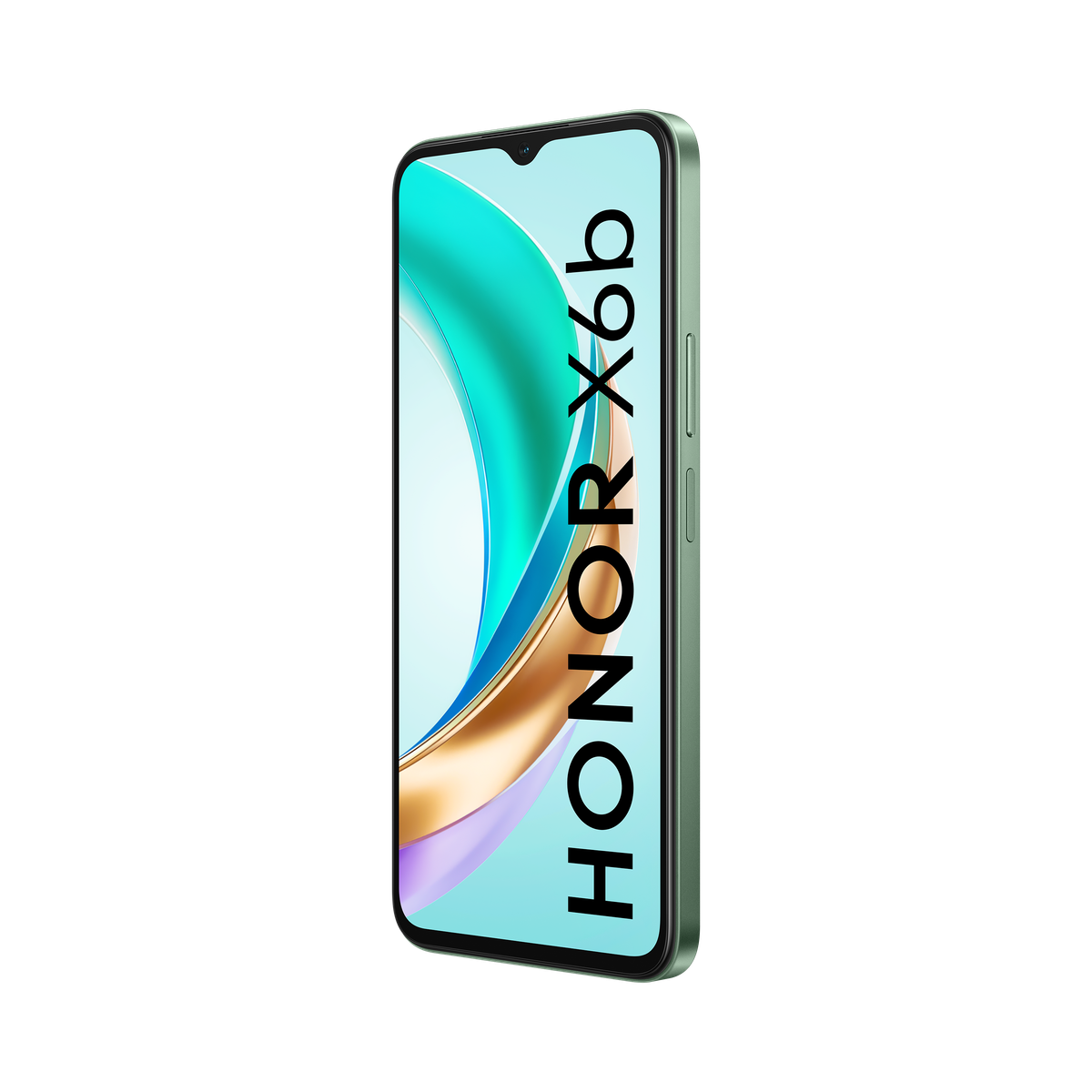 Zielony telefon na zdjęciu. Pokazuje HONOR X6b z kolorową tapetą w fale na czarnym tle.