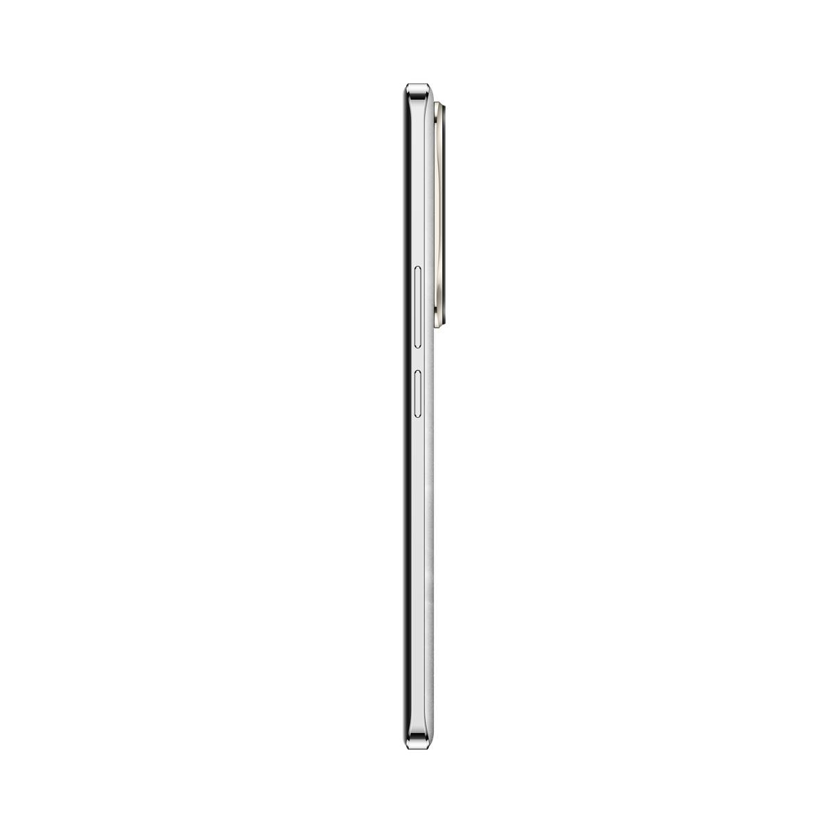 Zijaanzicht van een witte smartphone met een gouden frame op een zwarte achtergrond.