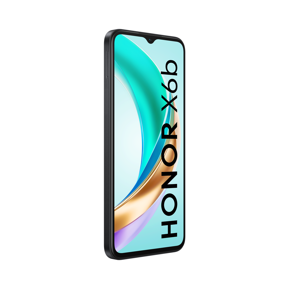 Czarny smartfon z HONOR X6b na ekranie. Czarne tło.