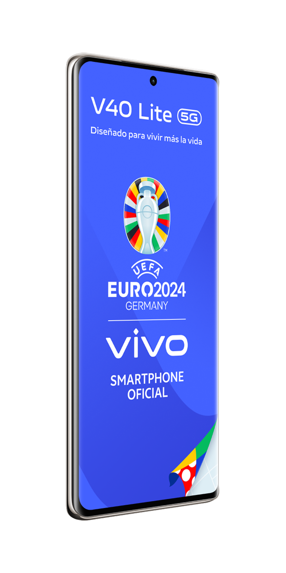 Un teléfono inteligente con una pantalla azul que muestra un diseño de la UEFA EURO 2024 Alemania y el logotipo de vivo.