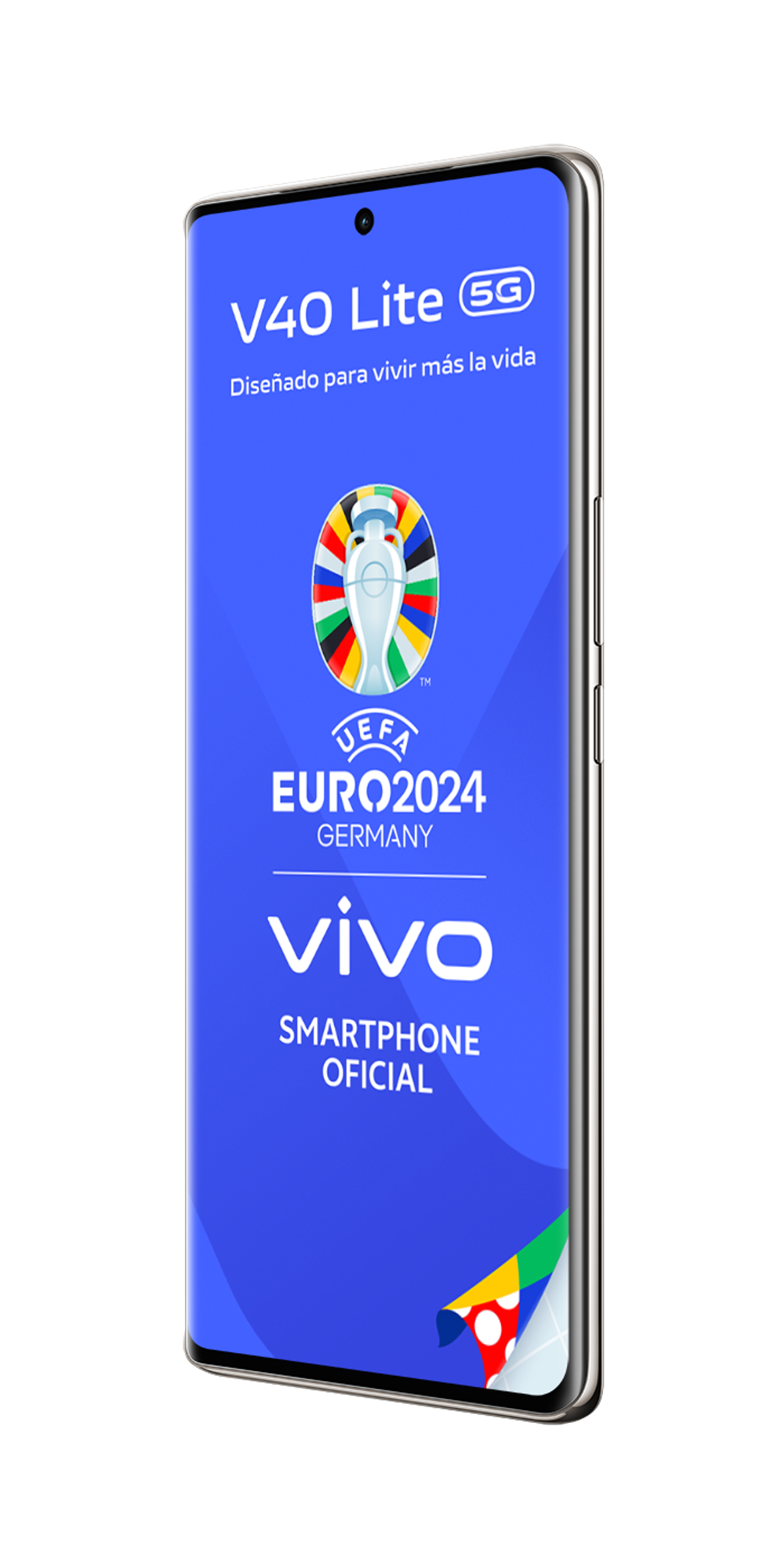 Un teléfono Vivo V40 Lite 5G con pantalla azul que muestra el logo EURO2024 Alemania.