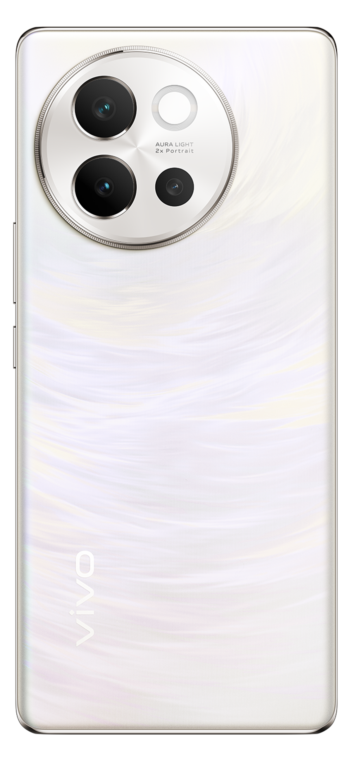 Parte trasera de un smartphone blanco con tres lentes de cámara y el logo de Vivo.