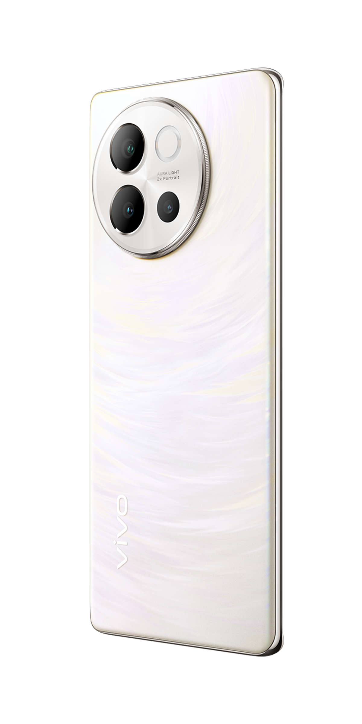 Un teléfono inteligente blanco con un gran módulo de cámara en la parte trasera, visto en ángulo.