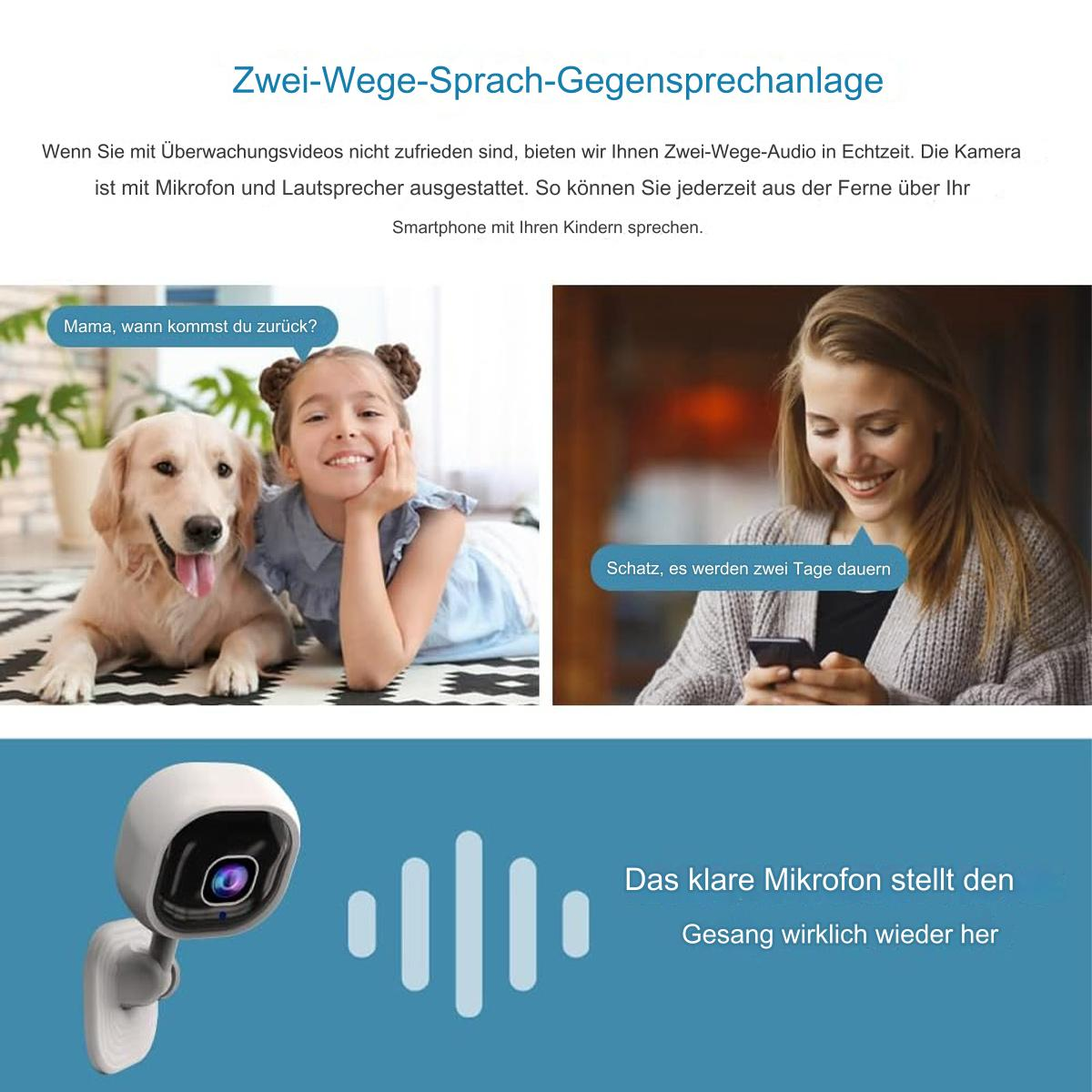 Eine Überwachungskamera und zwei Personen am Telefon, ein Mädchen mit Hund und eine lächelnde Frau.