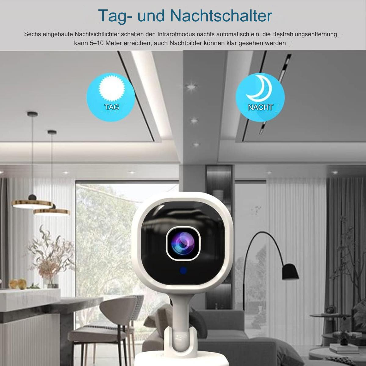 Eine weiße Überwachungskamera mit blauem Ring. Der Text oben lautet 'Tag' und 'Nacht'.