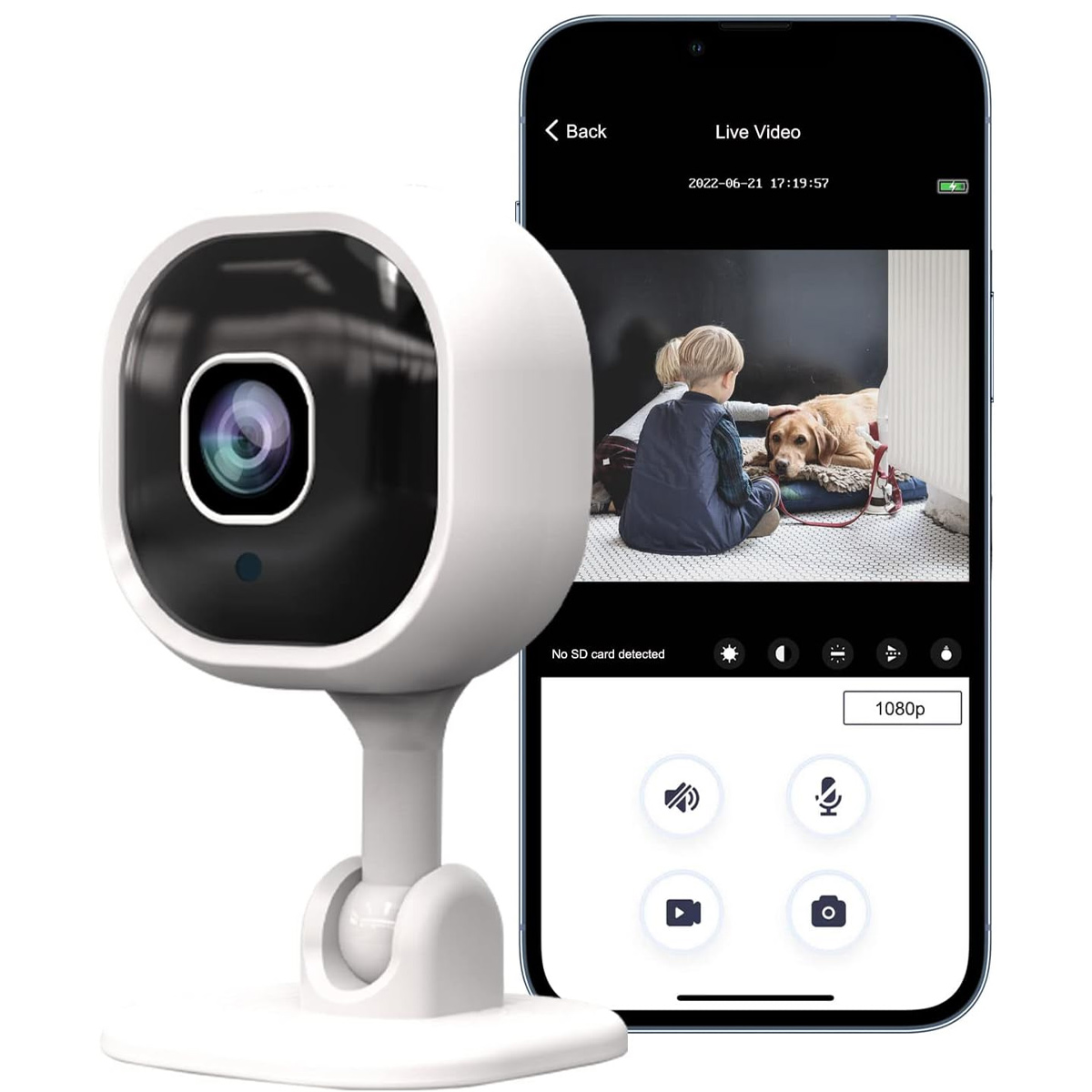 Weiße Überwachungskamera auf einem Ständer, zeigt Live-Video auf Telefonbildschirm.