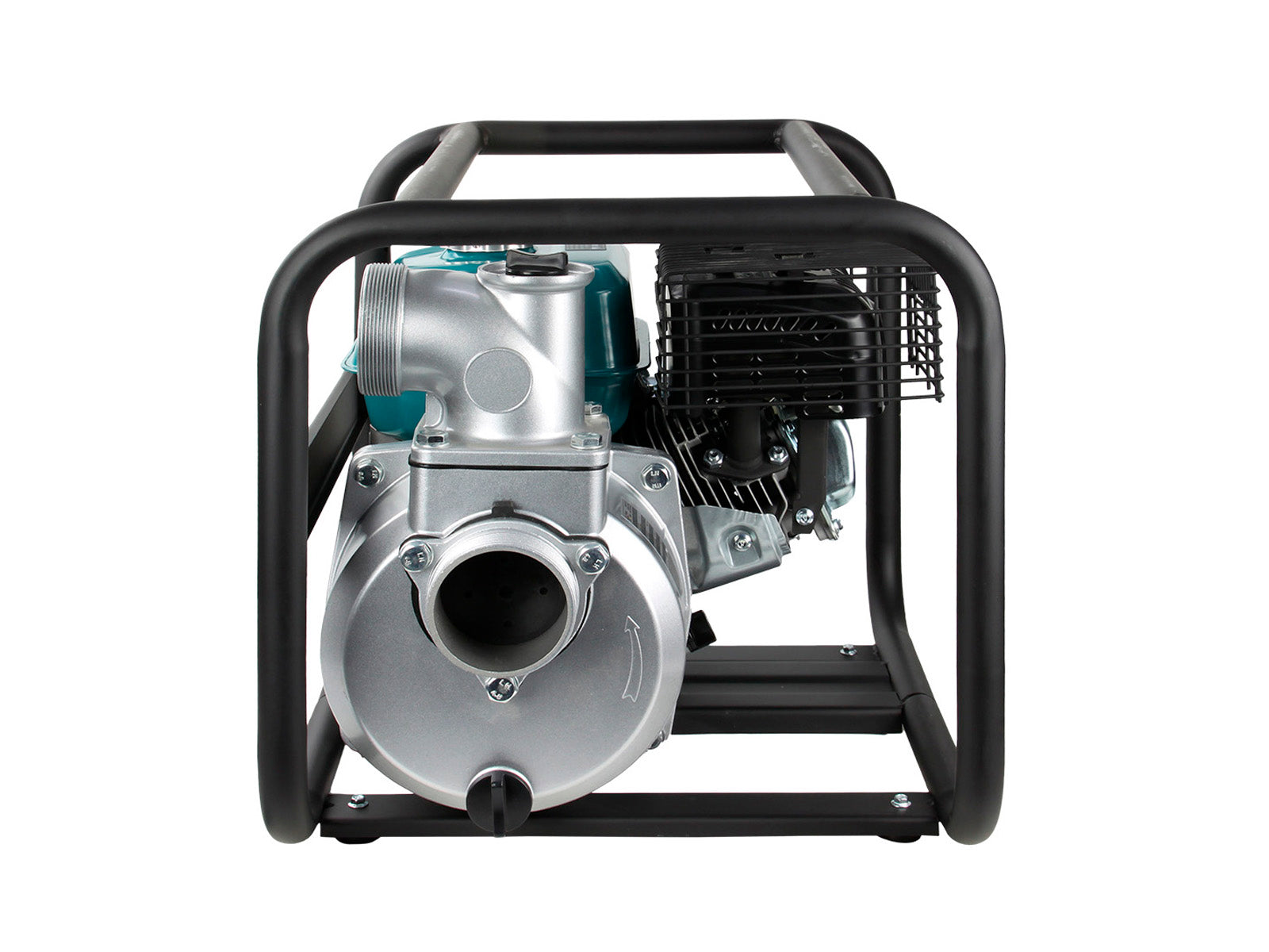 Eine Wasserpumpe in einem schwarzen Rahmen. Sie hat einen silbernen Motor und einen türkisblauen Motor. Die Pumpe ist weiß.