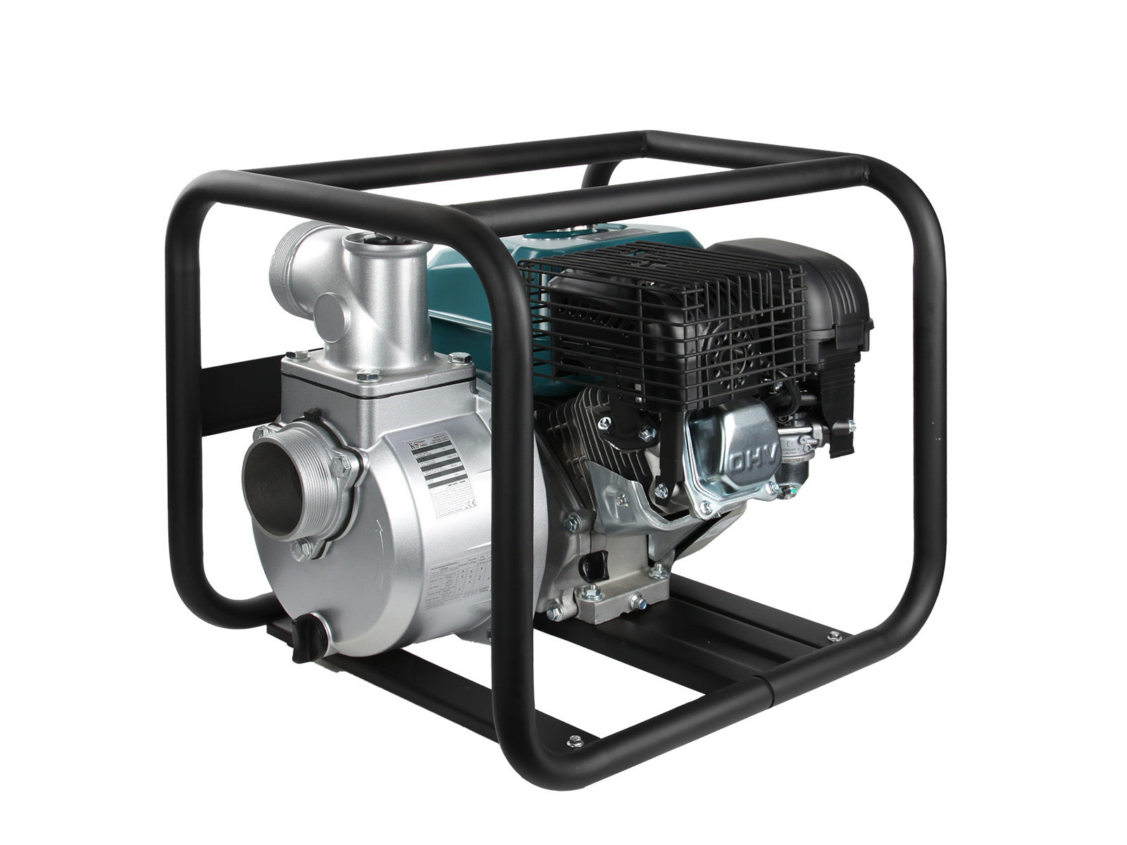 Eine silberne und schwarze Wasserpumpe in einem schwarzen Metallrahmen. Die Pumpe hat einen Benzinmotor.