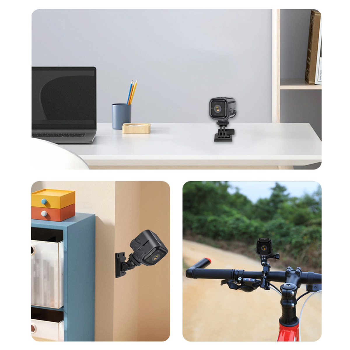 Mehrere Bilder zeigen Action-Kameras in verschiedenen Setups. Weiße Oberfläche und blauer Schrank.