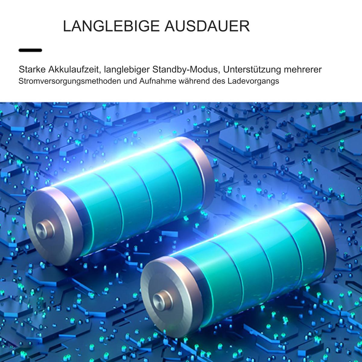 Zwei teal-farbene Batterien mit blauem Leiterplattenhintergrund und Text über die Akkulaufzeit.