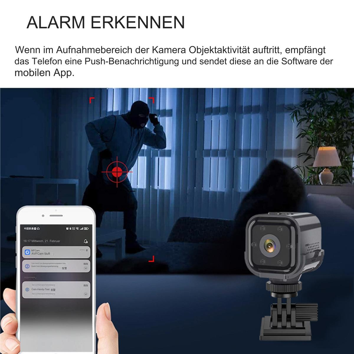 Überwachungskamera: Ein Dieb in einem Raum und ein Telefon, das eine Benachrichtigung anzeigt.