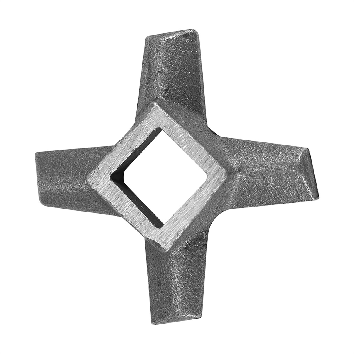 Graues Metallteil mit quadratischem Loch und vier nach außen ragenden Spitzen.