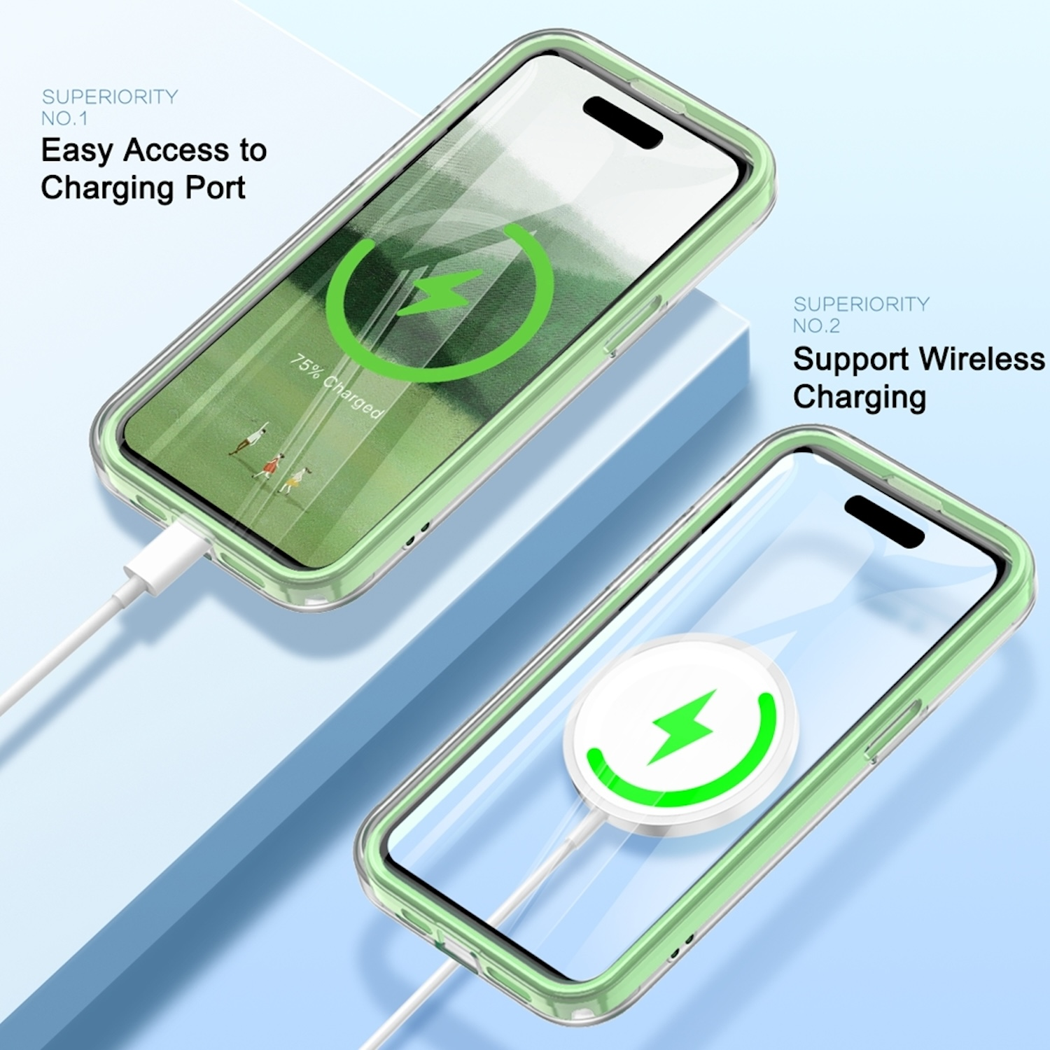 Grüne Telefonhüllen, die kabelloses Laden und einfachen Zugang zum Ladeanschluss zeigen.