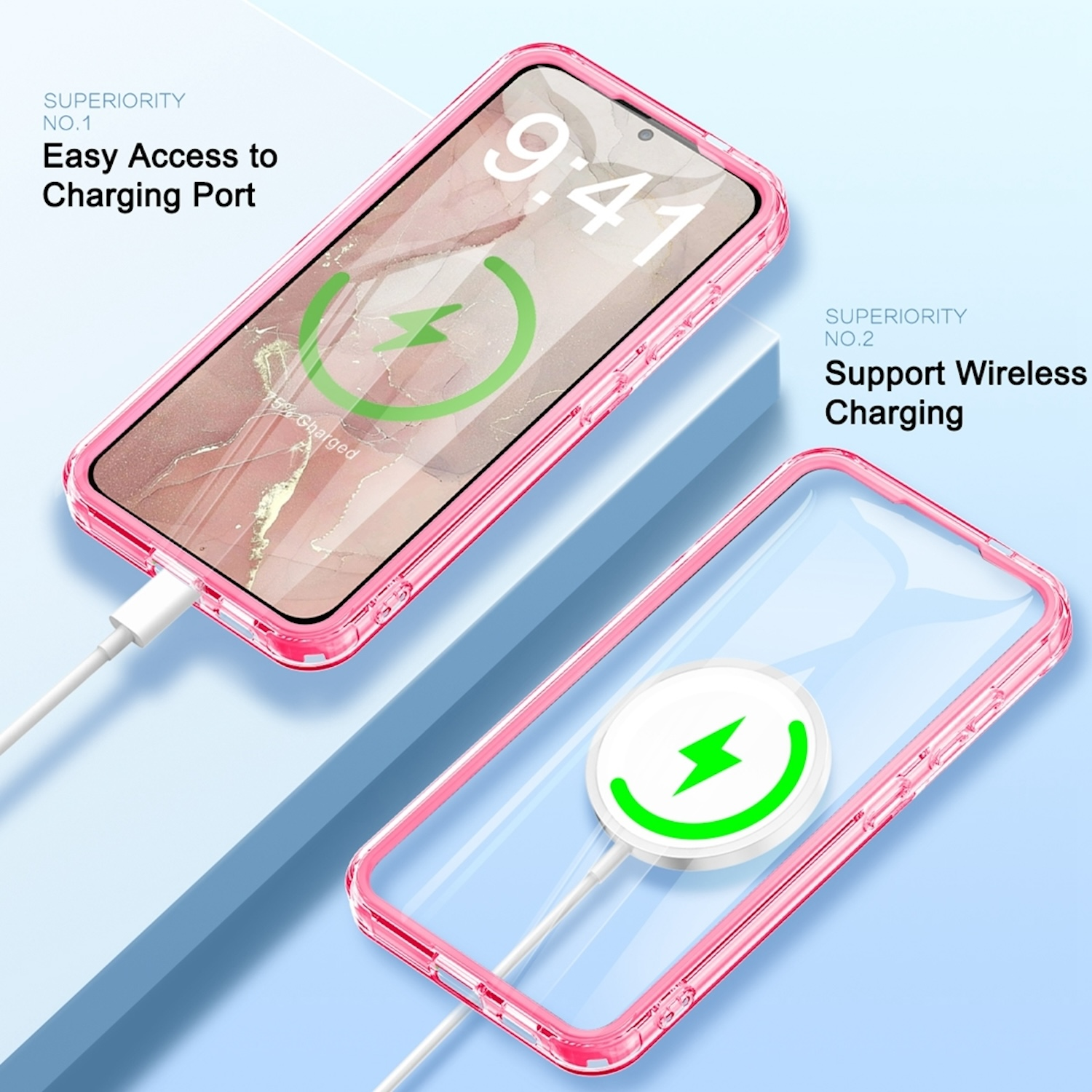 Telefon mit rosa Hülle, kabellos ladend, und eine zweite Hülle mit grünem Ladesymbol.