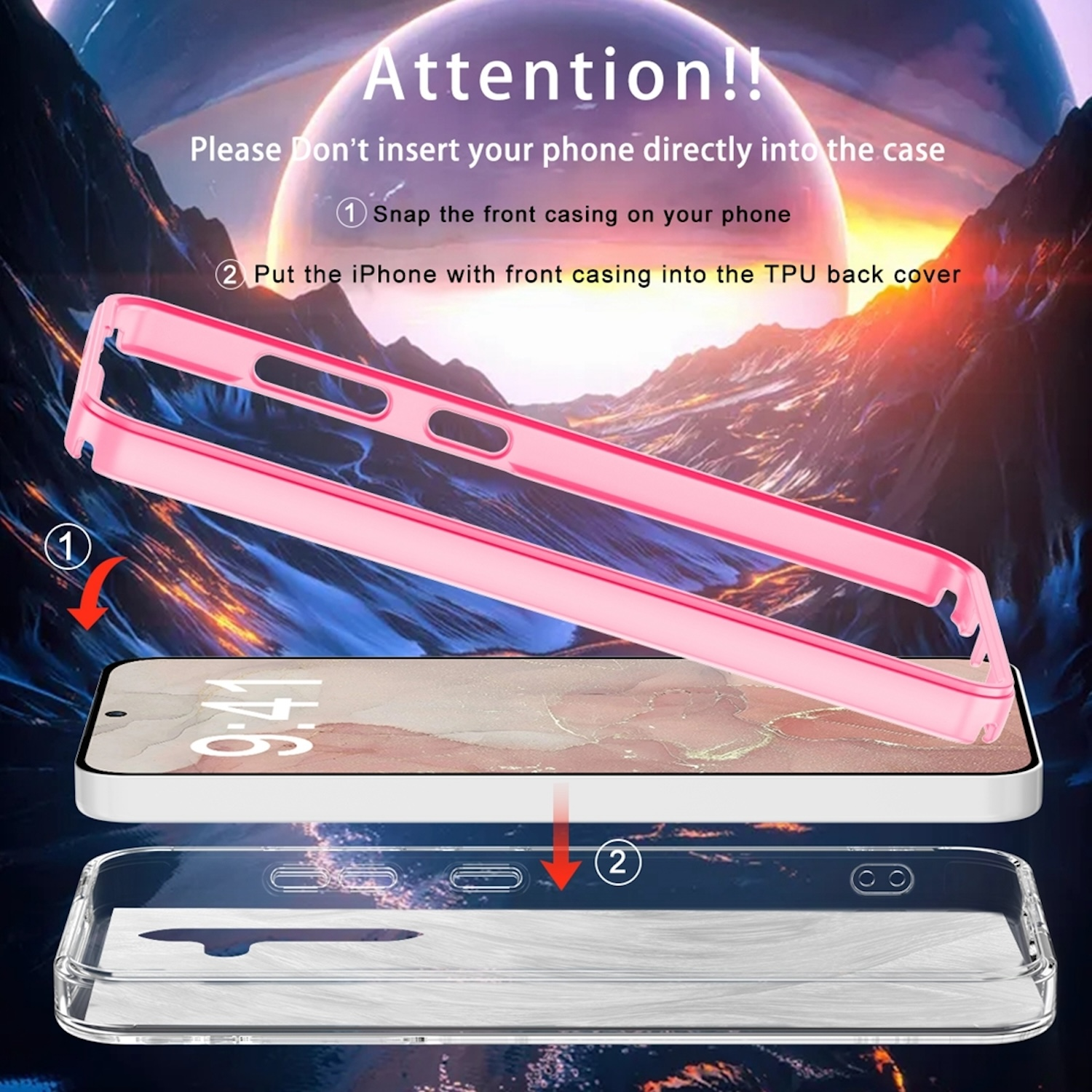 Eine rosa Handyhülle mit zwei Teilen, über einem Telefon und einer transparenten Hülle, mit Anweisungen.