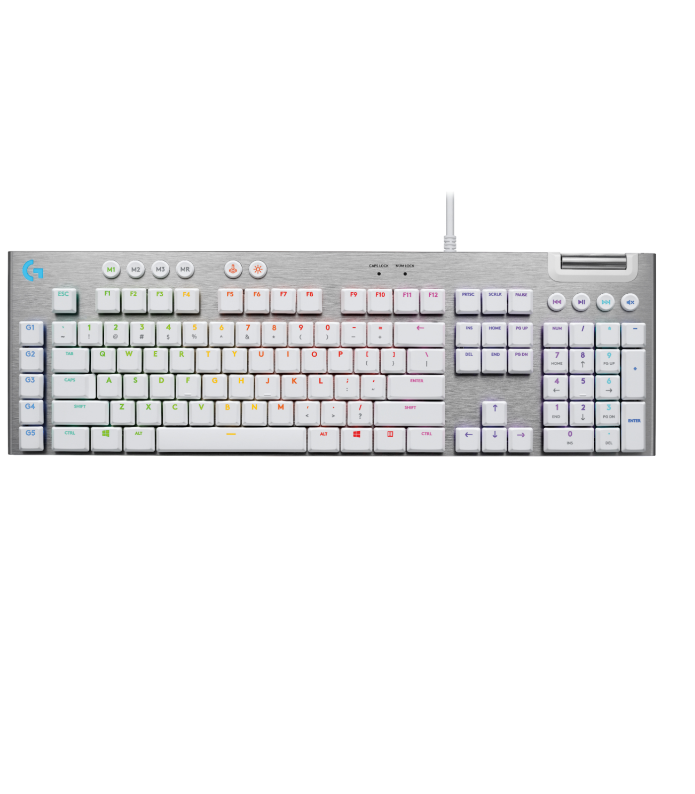 Srebrno-biała klawiatura mechaniczna z kolorowymi klawiszami. Pokazuje klawisze, logo marki i klawisze funkcyjne. Białe tło.