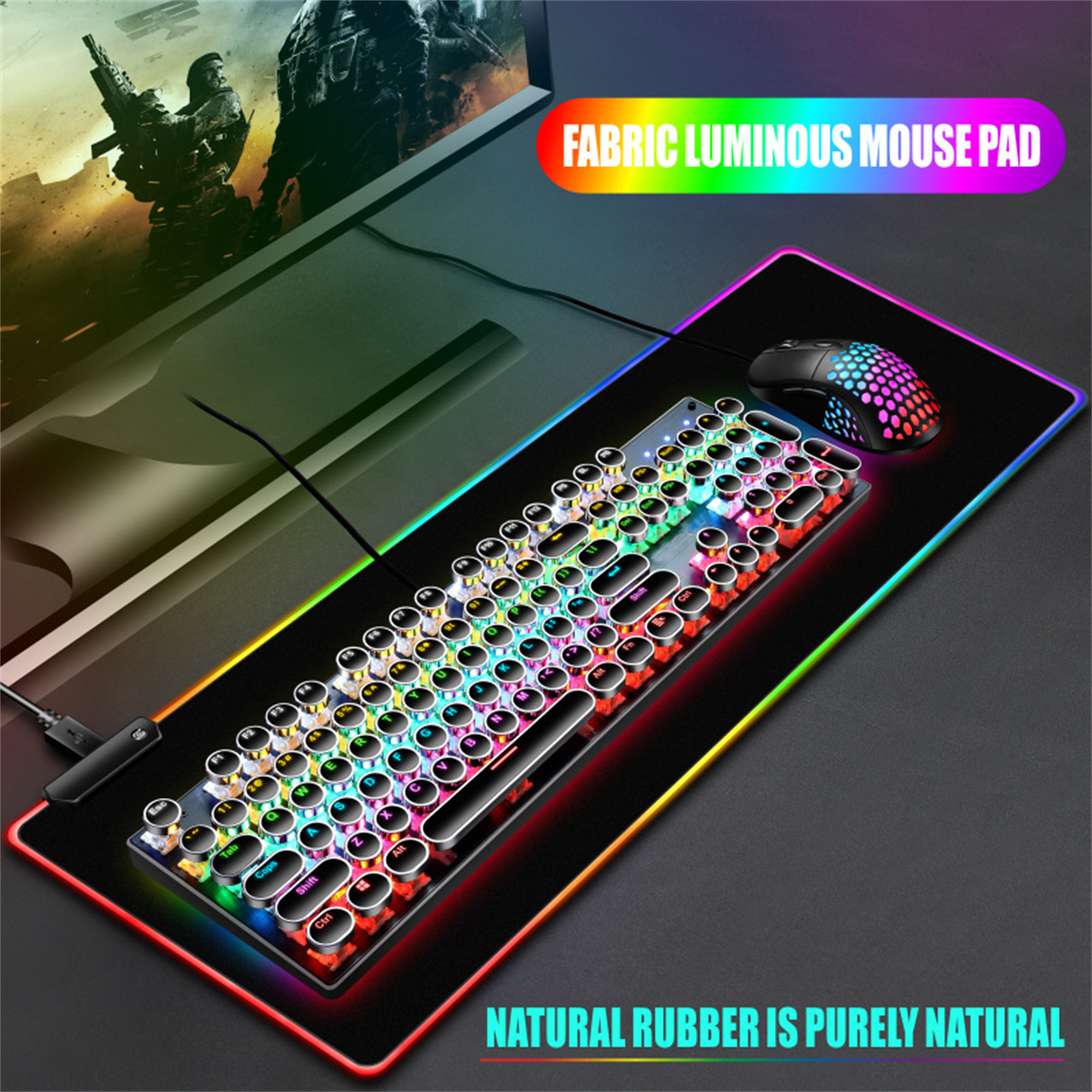 Eine beleuchtete mechanische Tastatur mit Maus, Mauspad und Text: 'FABRIC LUMINOUS MOUSE PAD'.