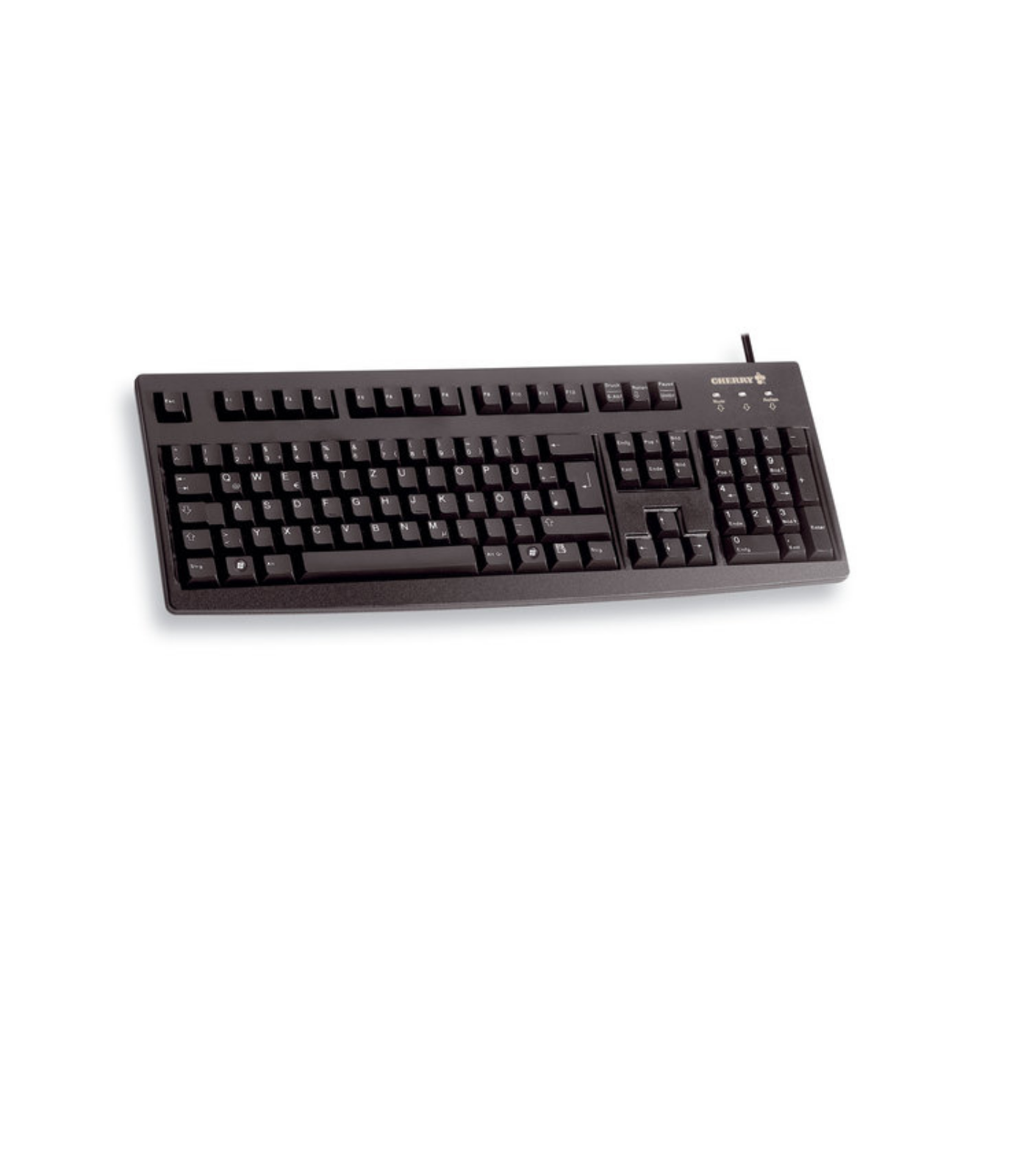 Schwarze Cherry-Tastatur auf weißem Hintergrund.