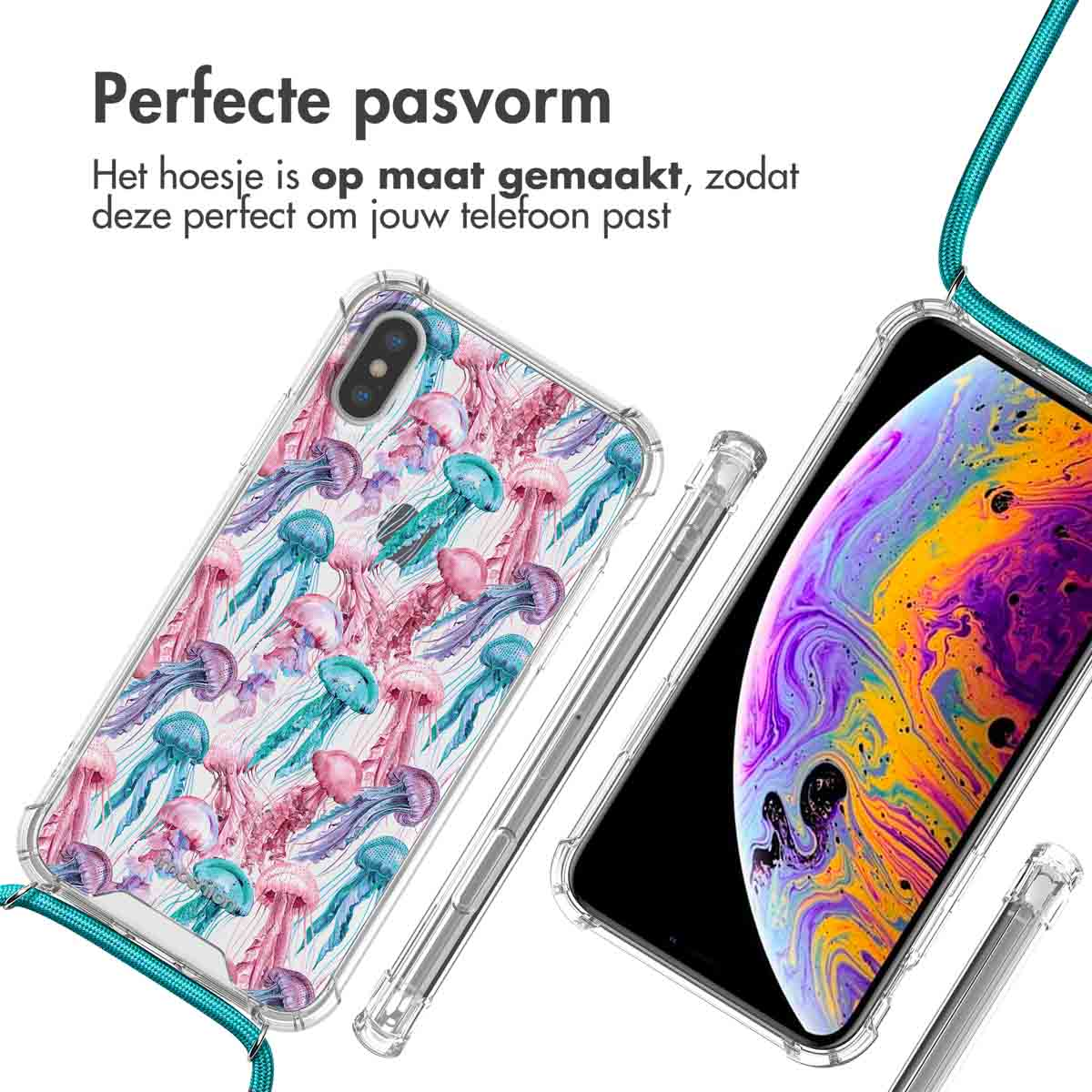 Twee telefoonhoesjes met kwallenprint en een telefoon met kleurrijk scherm.