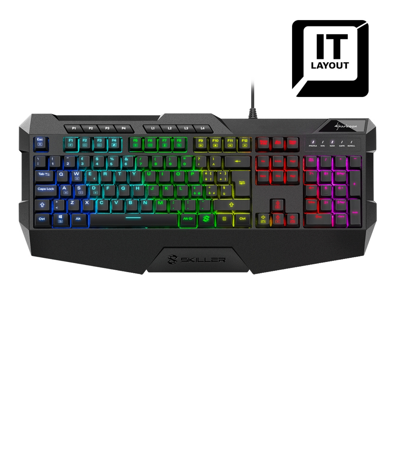 Tastiera da gioco nera con tasti multicolore, layout IT indicato nell'angolo.