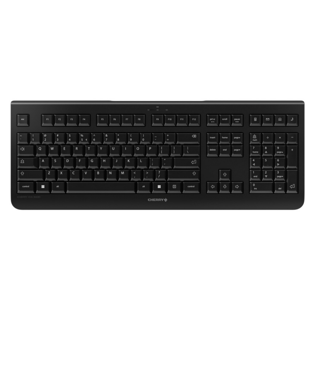 Black keyboard with white keys, with a Cherry logo, isolated on a white background.