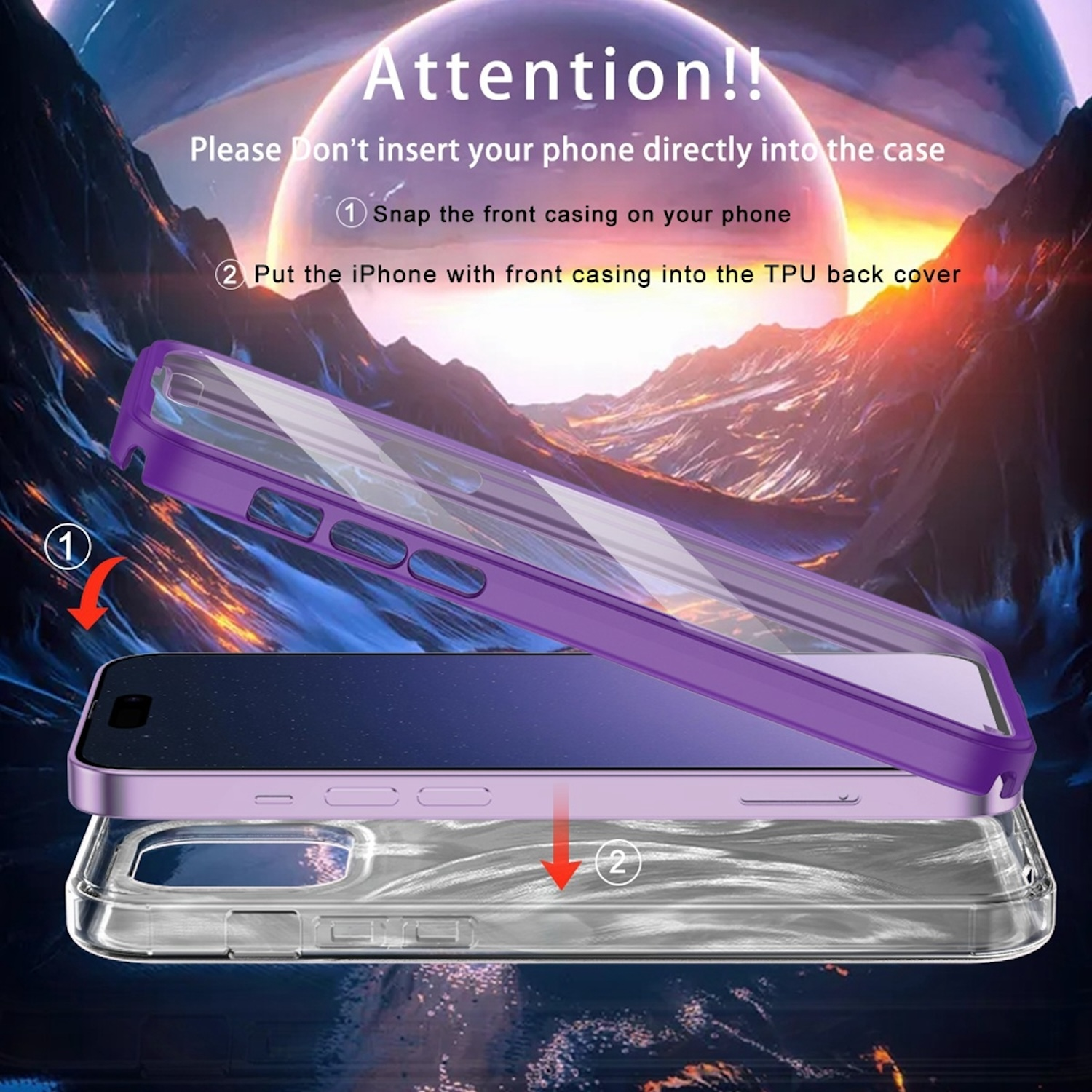 Eine lila und transparente Handyhülle mit dem Telefon, das hineinpasst, und der Anleitung oben.