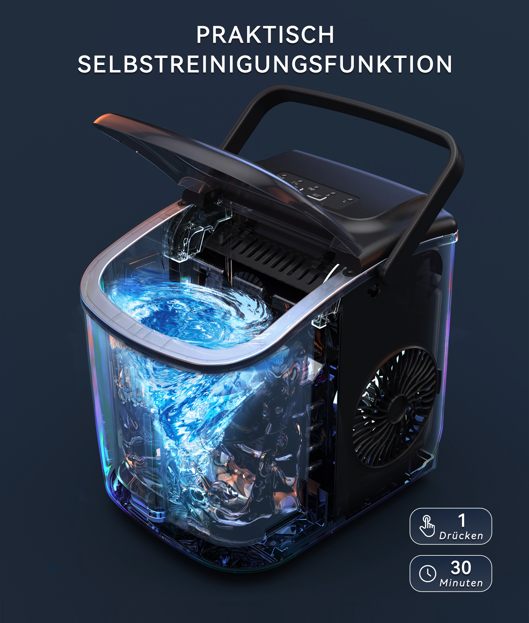 Schwarzer Eisbereiter mit offenem Deckel, der den Eisbereitungsprozess zeigt. Das Wasser wirbelt.