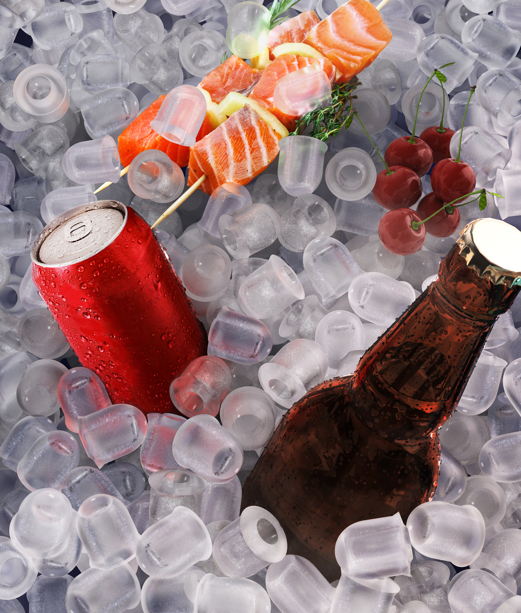 Eis mit roter Dose, Flasche und Lachs am Spieß. Kirschen sind ebenfalls sichtbar.