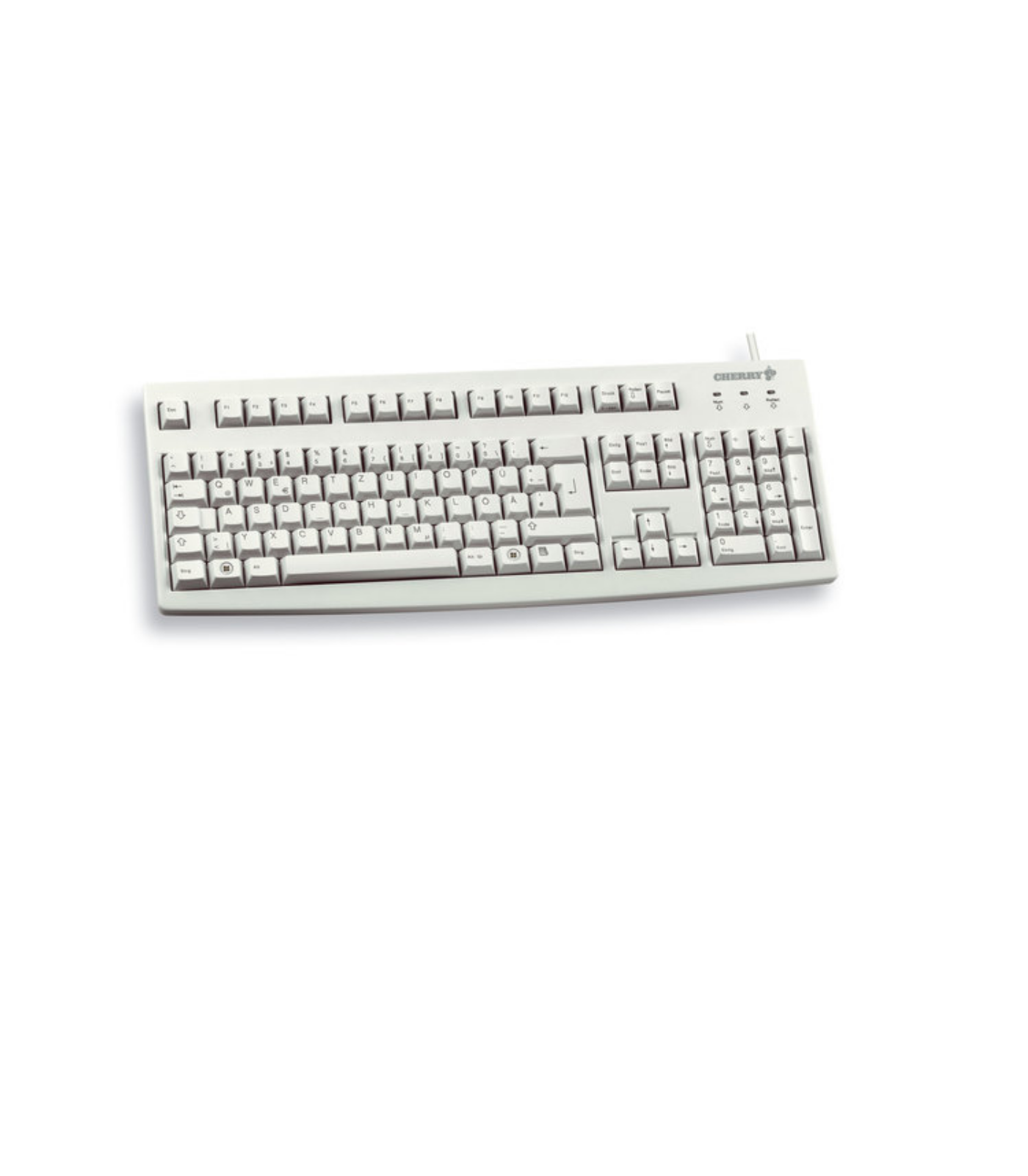 Weiße Tastatur mit Standard-Layout, isoliert auf weißer Oberfläche, Draufsicht.