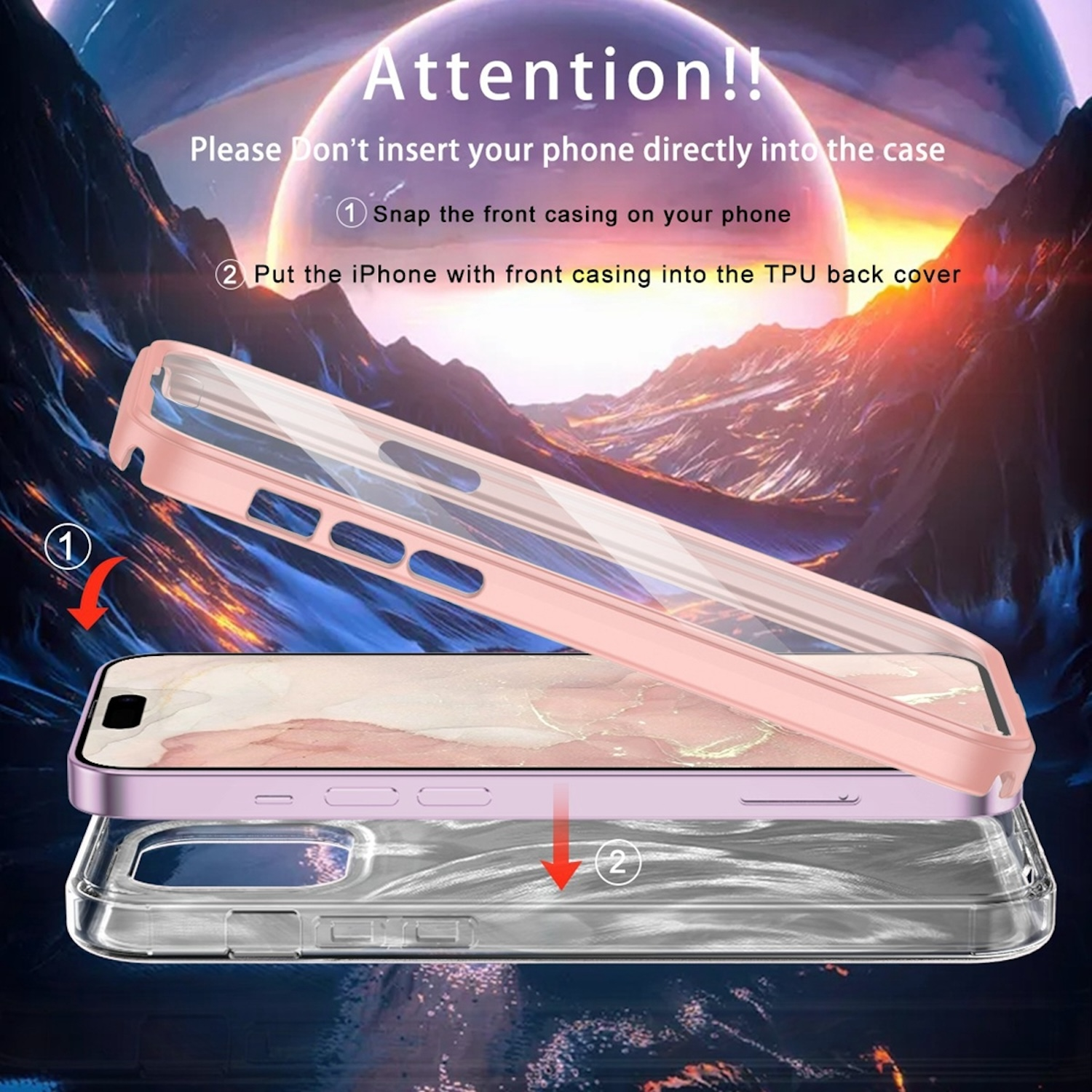 Eine Handyhülle mit einem Telefon im Inneren, das Einsetzen des Telefons in die Hülle zeigend.