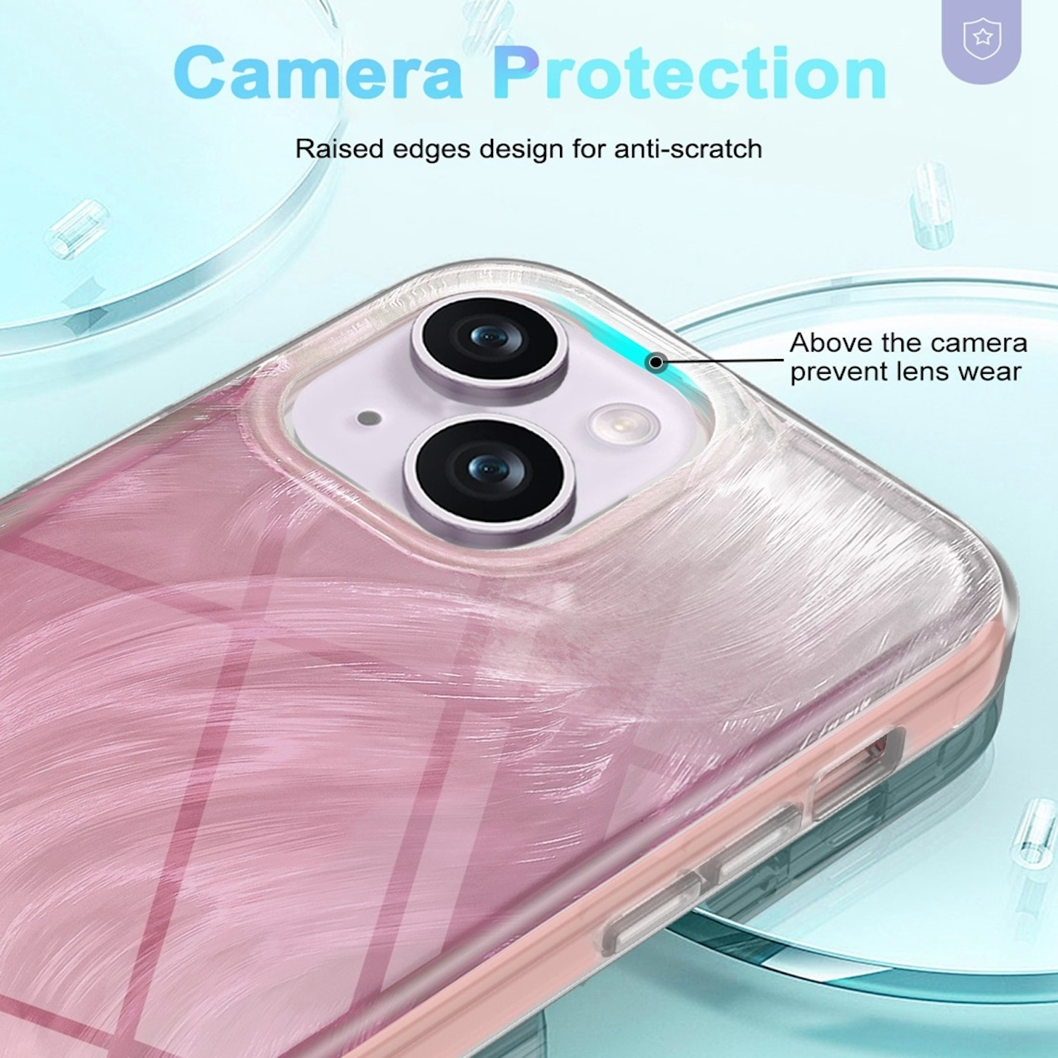 Transparente Handyhülle mit rosa Design, bedeckt die Handykamera, wirbt für Kameraschutz.