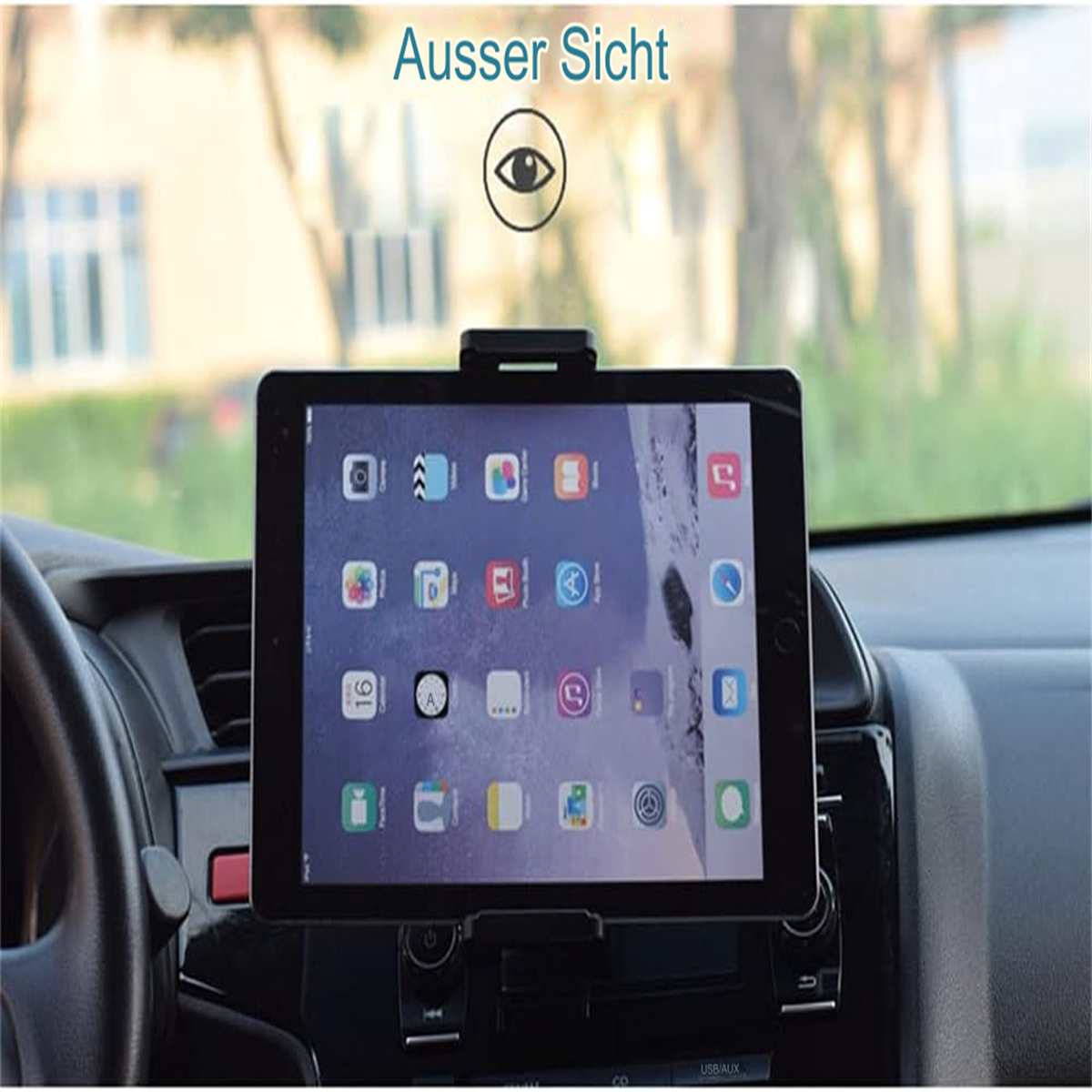 Ein Tablet ist in einem Auto montiert. Das Armaturenbrett ist sichtbar. Symbole sind auf dem Tablet.
