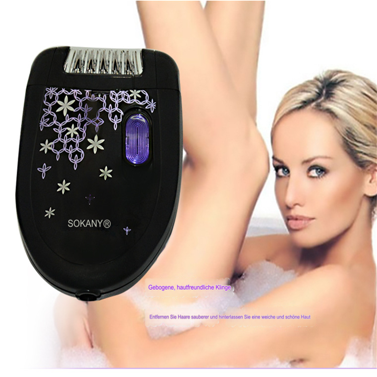 Eine Frau in der Badewanne benutzt einen Epilierer. Der Epilierer ist schwarz und hat florale Details.