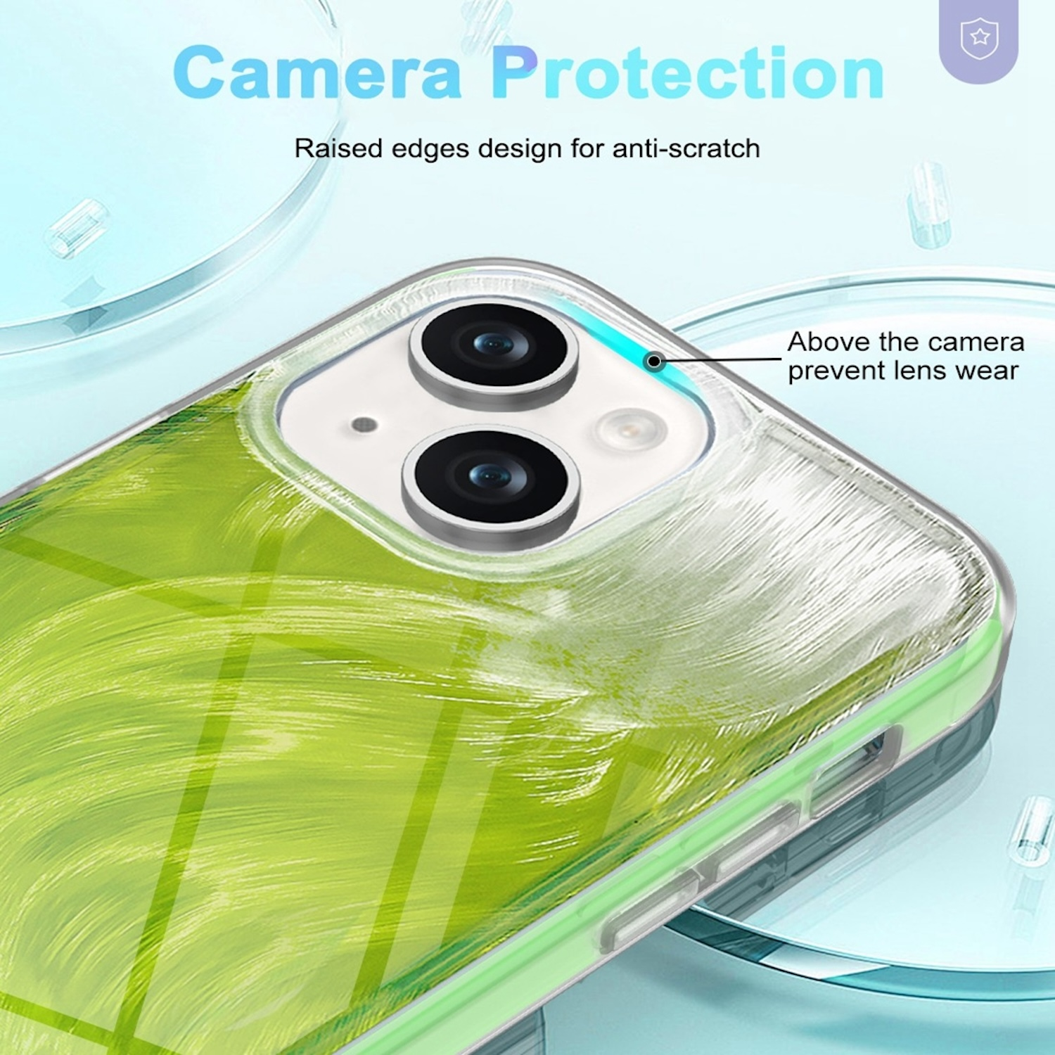 Eine transparente Handyhülle mit grünem Design. Die Handyhülle hat ein Kameraschutzdesign mit erhöhten Kanten.