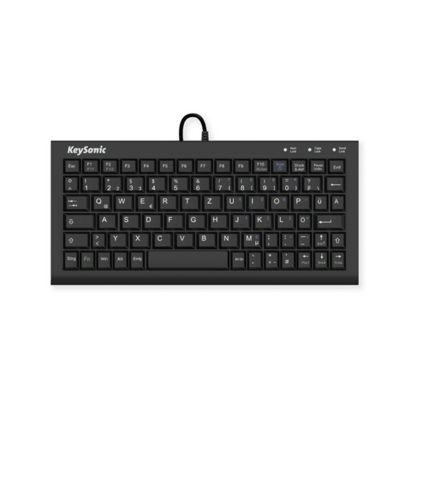 Tastiera Keysonic nera, design compatto con tasti funzione, vista dall'alto su bianco.