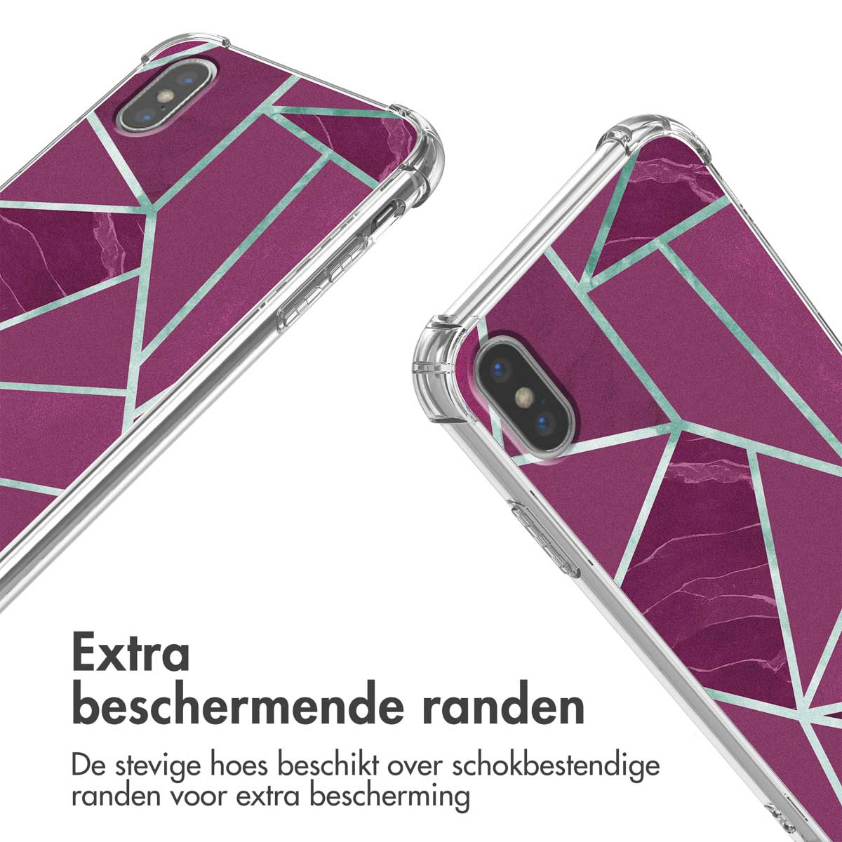Twee telefoonhoesjes met paars marmerpatroon en geometrische lijnen.