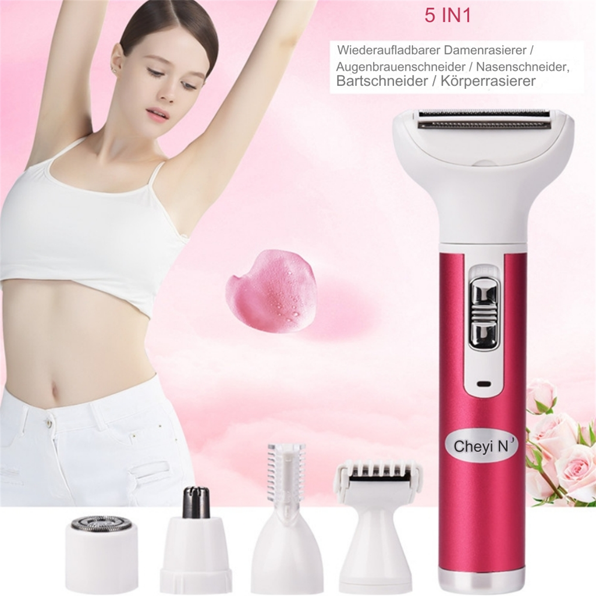 Frau mit einem 5-in-1-Haarentfernungsset, mit verschiedenen Aufsätzen. Das Set ist rosa und weiß.